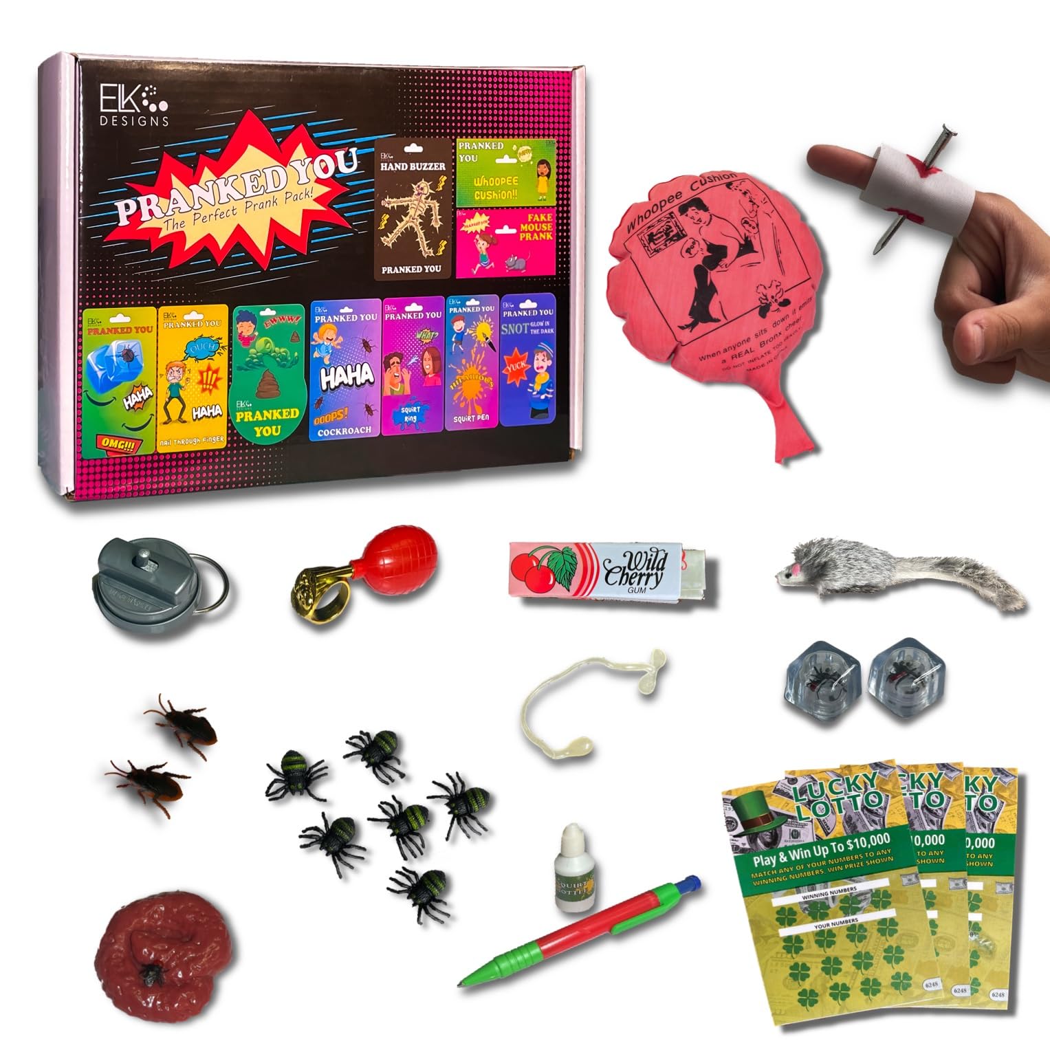 ELK DESIGNS Prank Kit - Funny Toys, Gadgets for Kids - April Fools Gags & Practical Jokes - Hand Buzzer, Fake Cockroach & More