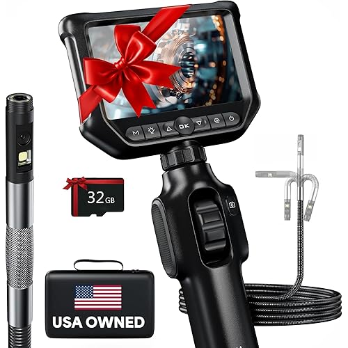 Two-Way Articulating Borescope 360°, Dual Lens Inspection Camera with Light, 6mm Lens Snake Camera for Mechanic Inspections, and Plumbing, .24in Borescope Automotive, Industrial Endoscope, 5ft