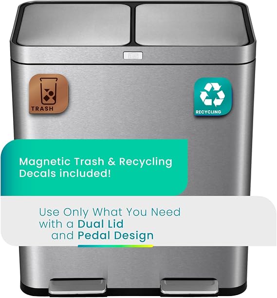 Home Zone Living 16 Gallon Kitchen Trash Can with Dual Compartments for Recycling and CleanAura for Odor Control, Stainless Steel, 60 Liters Total
