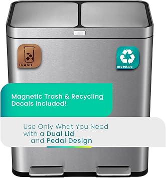 Home Zone Living 16 Gallon Kitchen Trash Can with Dual Compartments for Recycling and CleanAura for Odor Control, Stainless Steel, 60 Liters Total