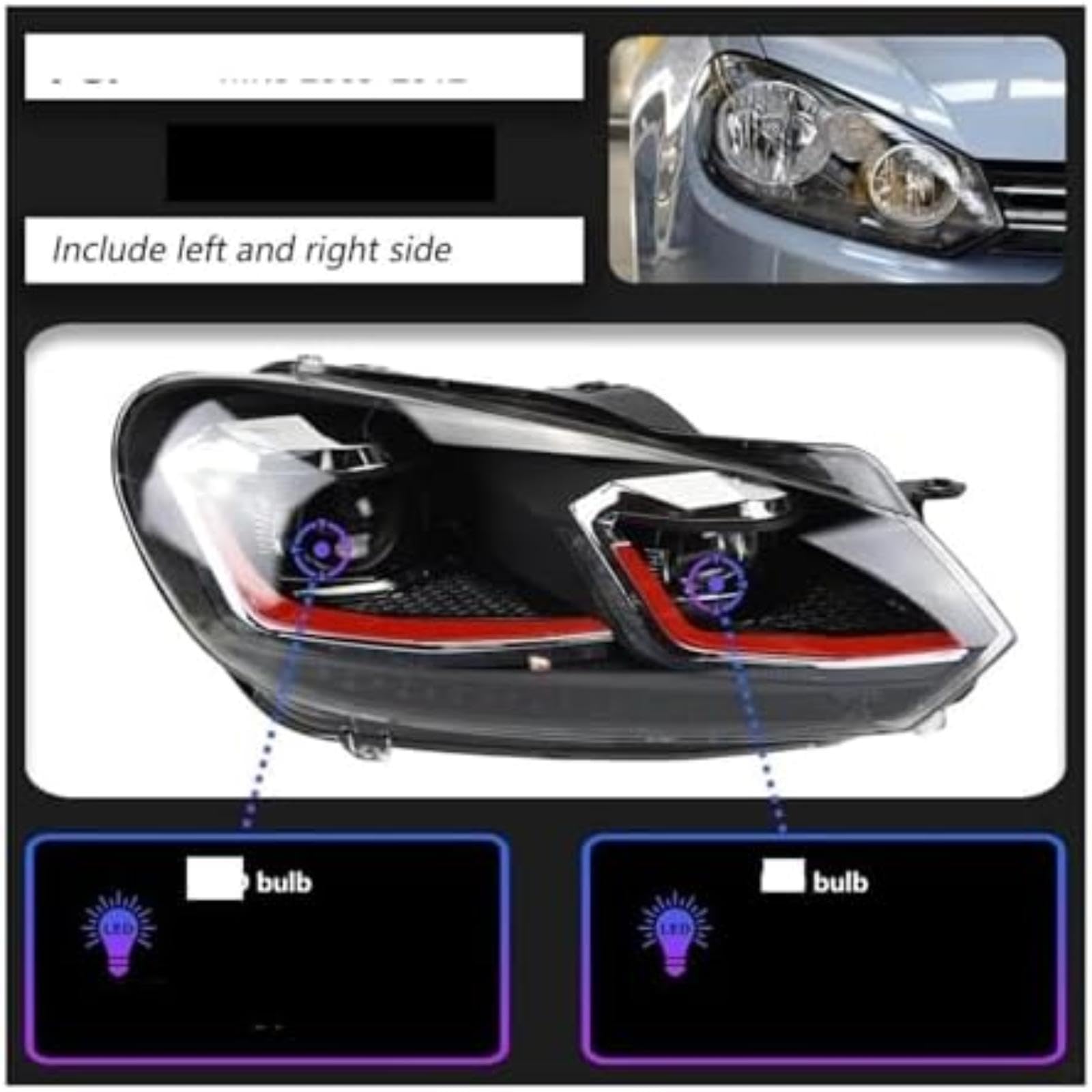 Dla Vw, dla Golf 6 2009-2012 reflektor samochodowy reflektor Drl sygnał Hid Bi Auto przedni reflektor włącz światło Wskaźnik lusterka bocznego (All LED Red (All LED Red Right Drive)