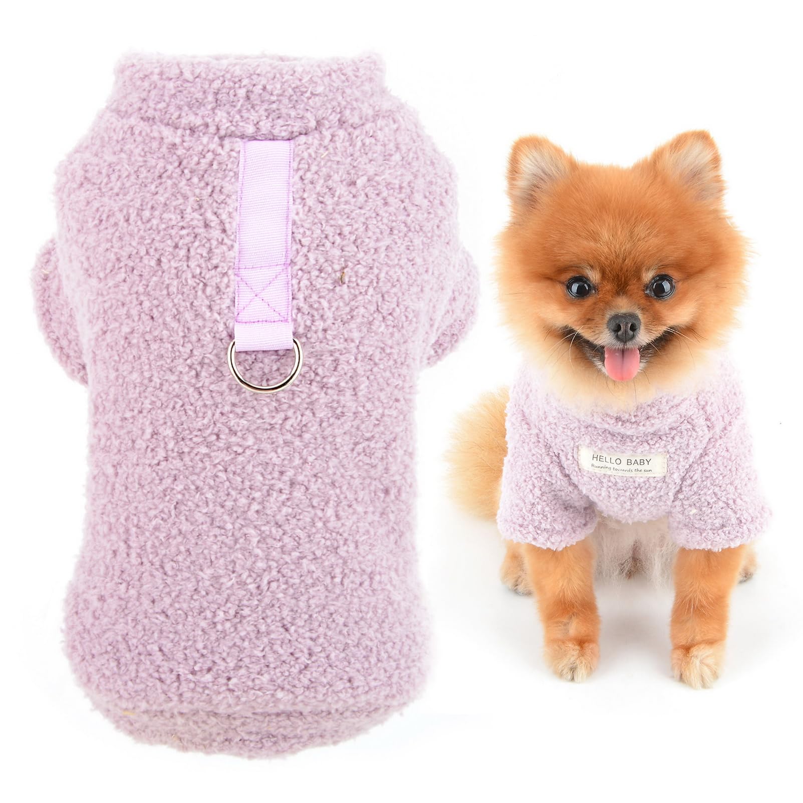 SMALLLEE_LUCKY_STORE Dog Fleece Jumpers for Small Dogs, Solid Pet Pullover Sweatshirt with Letter Patch and D-ring, Puppy Outfits Yorkie Chihuahua Warm Sweater Winter Fall Clothes, Purple, S