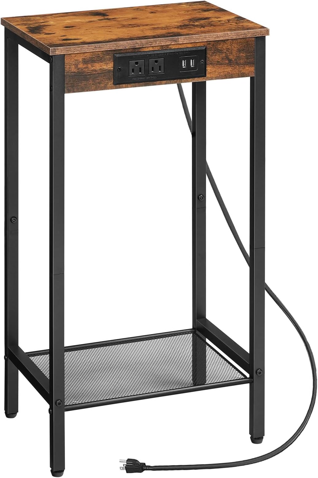 HOOBROTall Side Table with Charging Station, 28.7" H Industrial Telephone End Table, Tall Nightstand for Living Room, Hallway, Bedroom, Office, Rustic Brown BF08UDH01