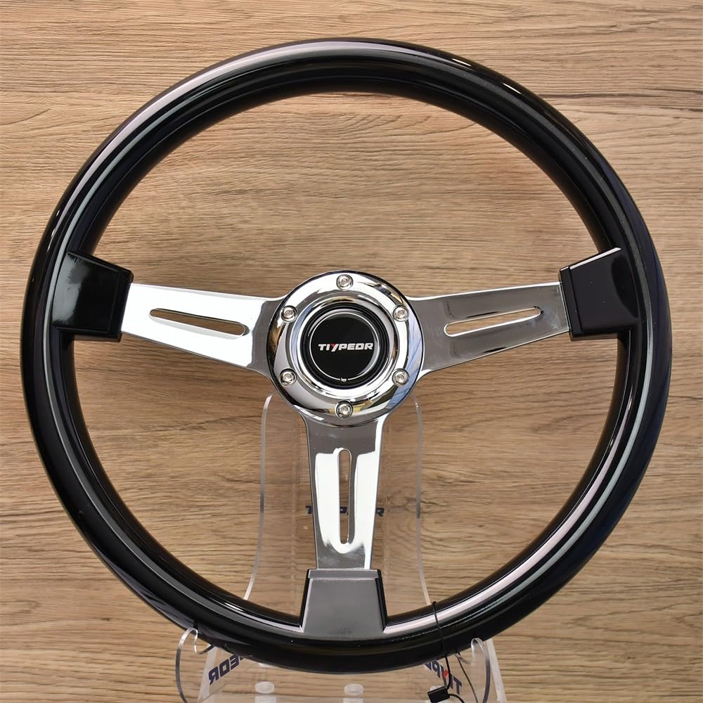 Volante classico in legno di ricambio 350 mm 14" universale per auto, volante retrò con 6 pulsanti clacson e 3 razze cromate, stile vintage per auto, simulazione di guida, motorsport, JDM