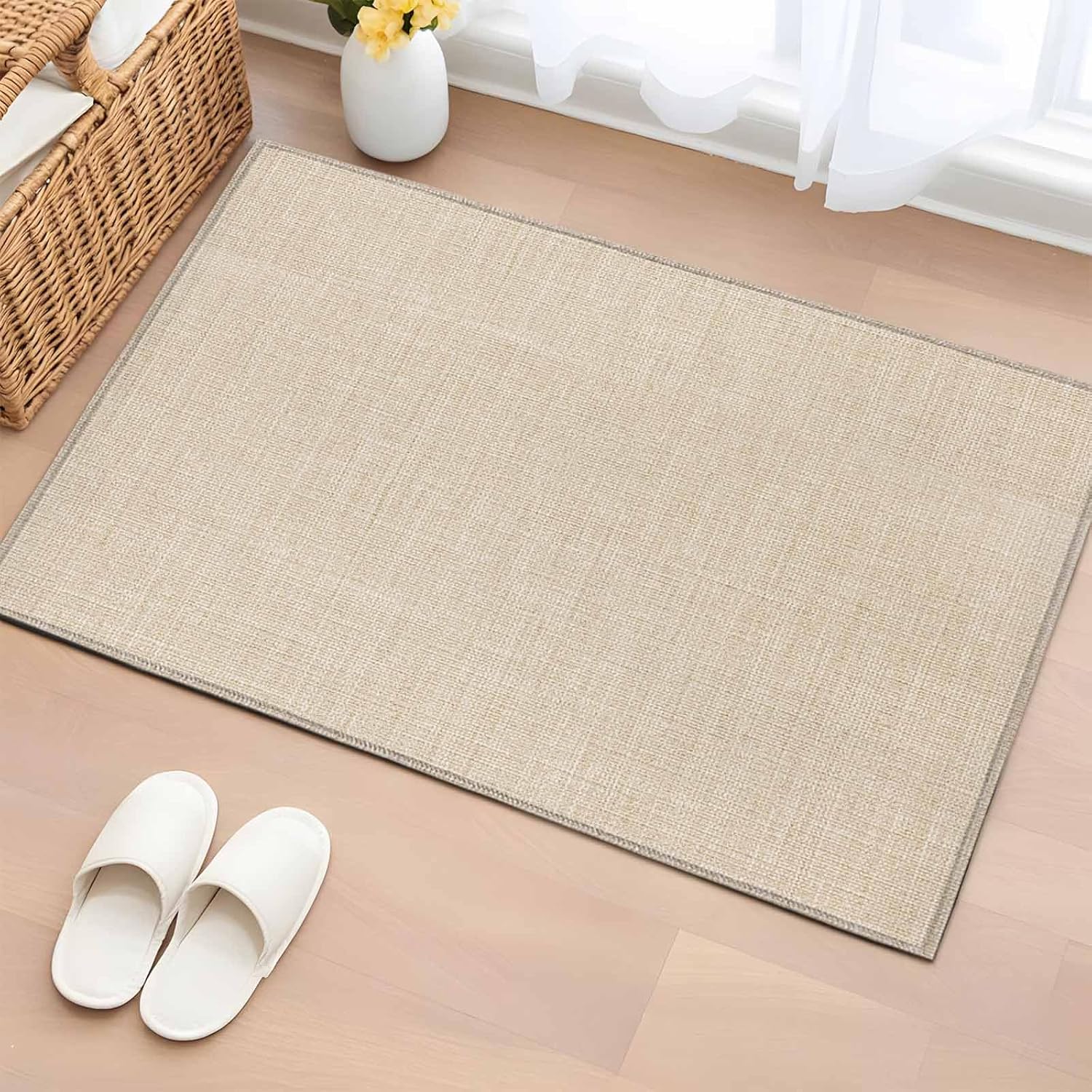 Linen Beige Bathroom Rug Washable 2x3 Entryway Rug Non Slip Farmhouse Modern Cream Front Door Mat Low Pile Indoor Minimalism Pure Solid Color Doormat Throw Floor Carpet for Kitchen Bedroom Entrance