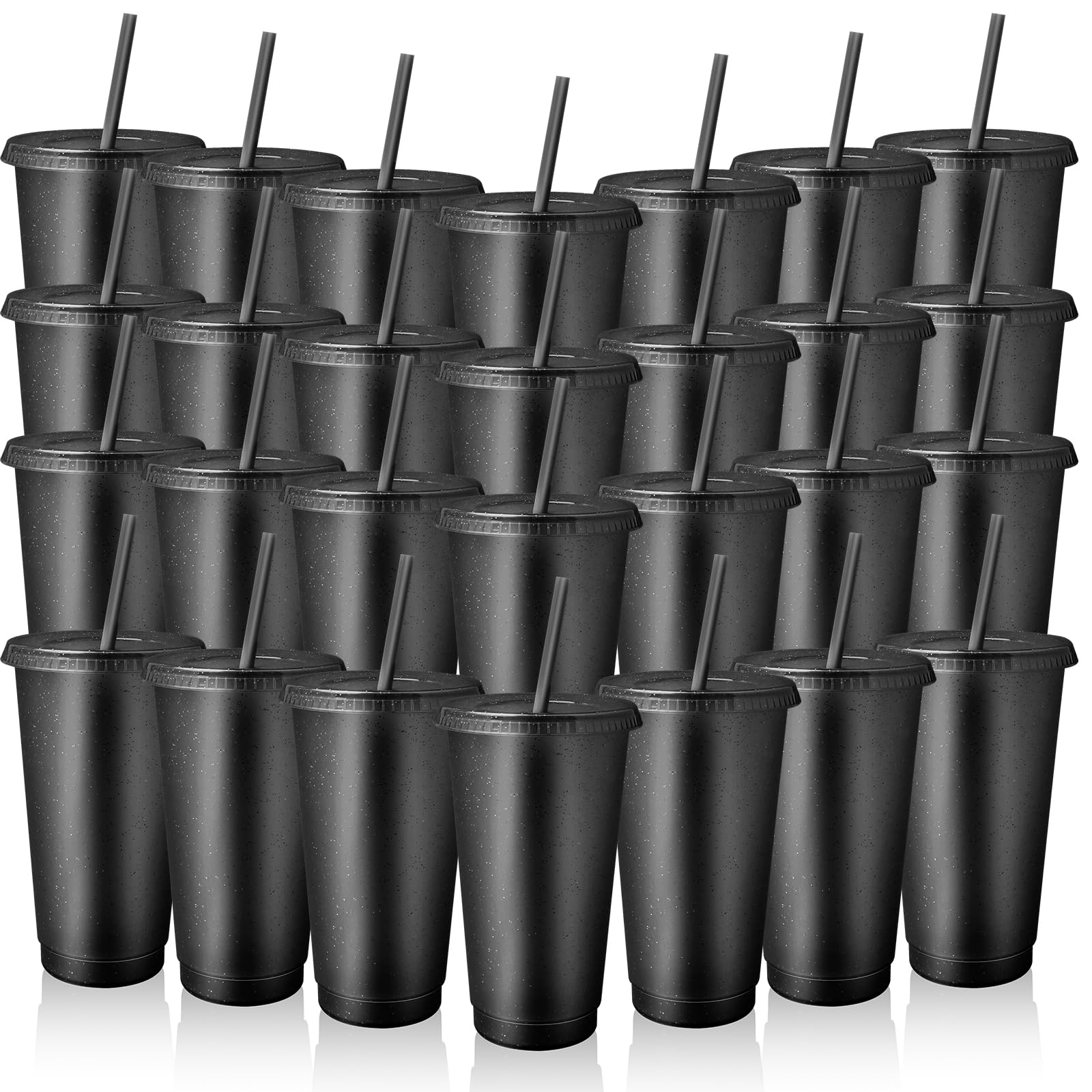 MSYU 60 Pack Tumbler with Straw and Lid Bulk Cups for Gifts Glitter Plastic Coffee Cups 710 ml Reusable Water Bottle Iced Coffee Travel Mug Party Favors for Birthdays Travel (Black)