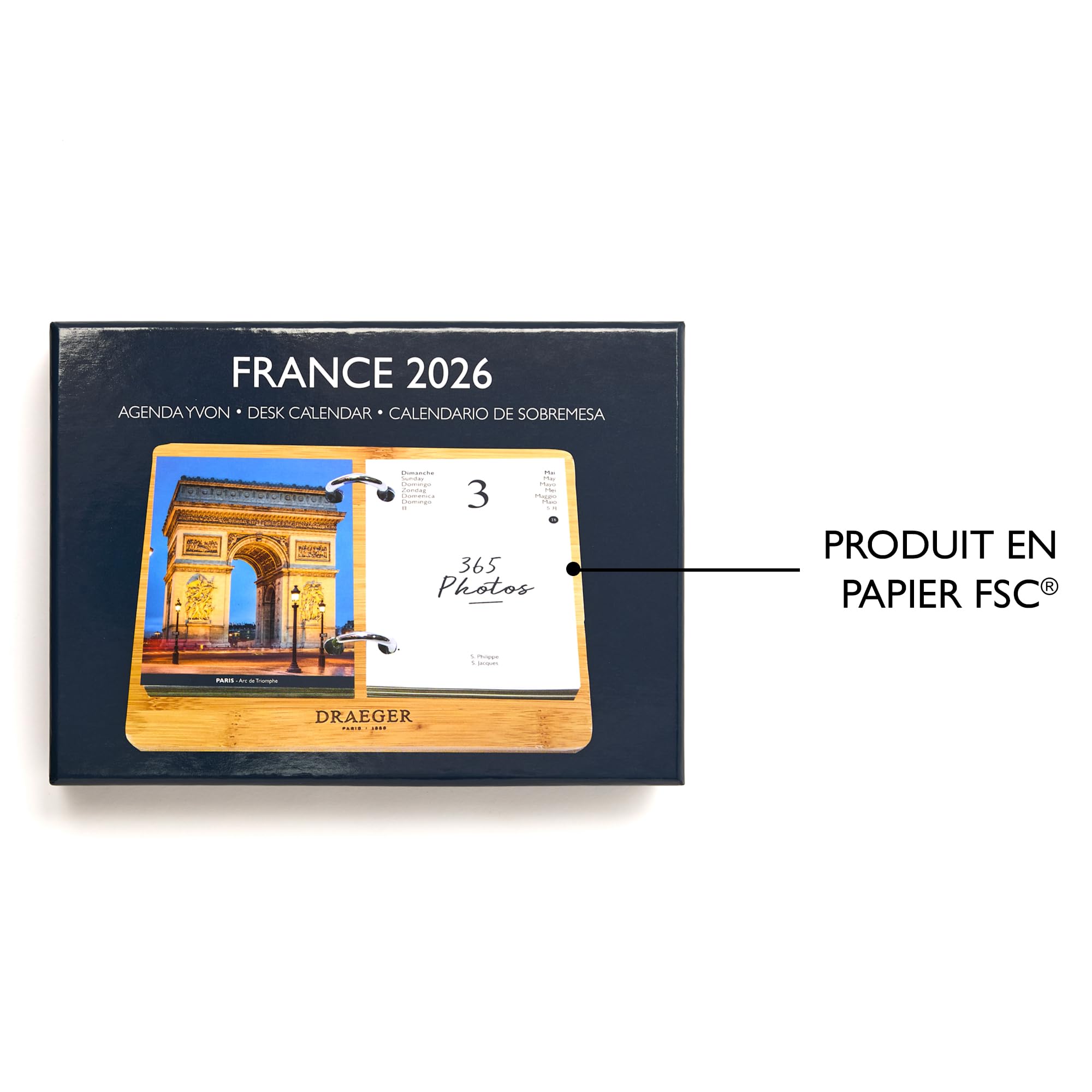 DRAEGER PARIS 1886 - Agenda sur Socle 20x15 cm 2026 - Thème France - 12 Mois - Vue Jour ou Semaine - Papier FSC de Qualité pour Écriture Confortable - Illustrations Détachables Élégantes