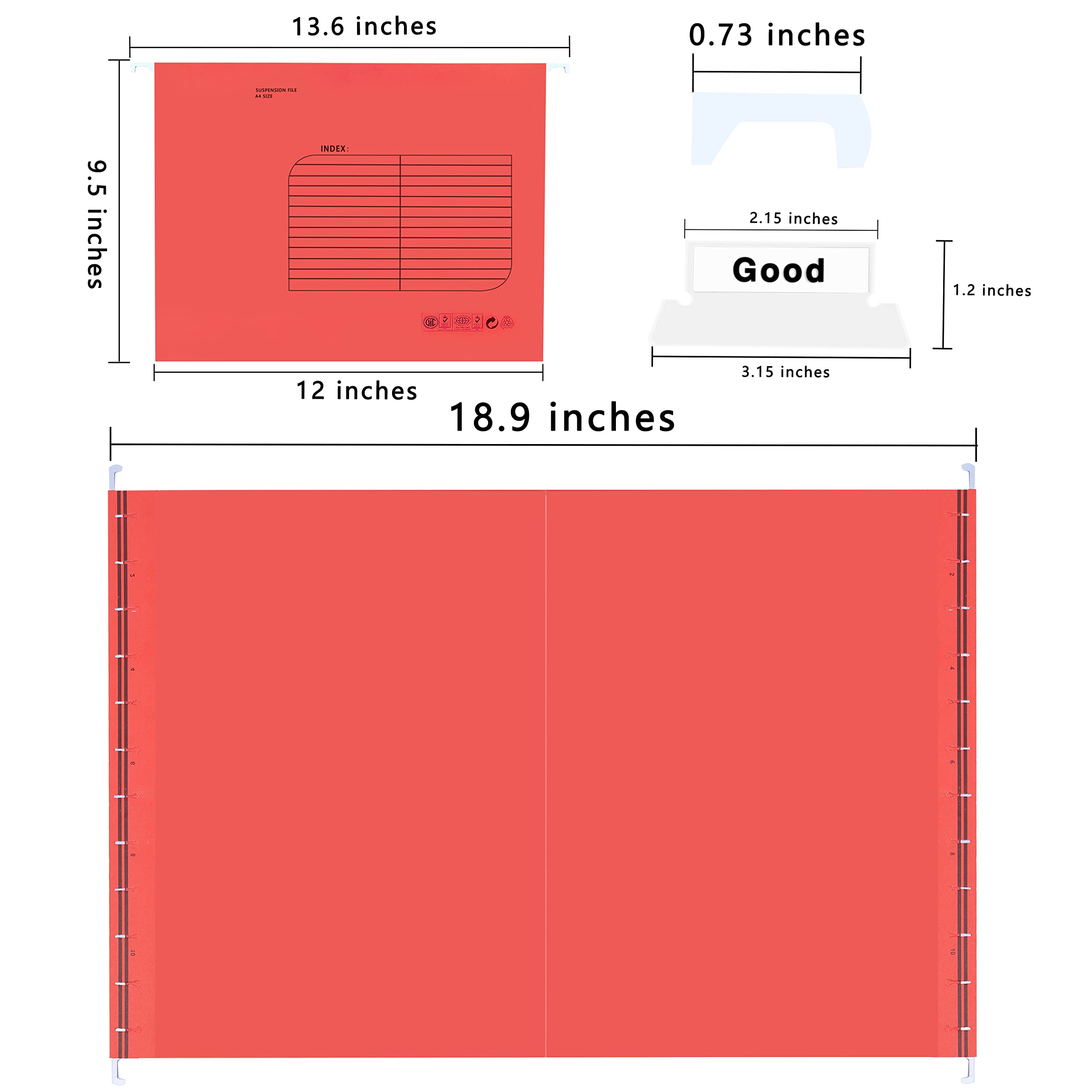 Cartella portadocumenti sospesa formato A4, cartellina sospesa, cartellina da appendere, cartellina sospesa con linguetta ed etichetta per scuola, casa, ufficio, rosso, confezione da 25