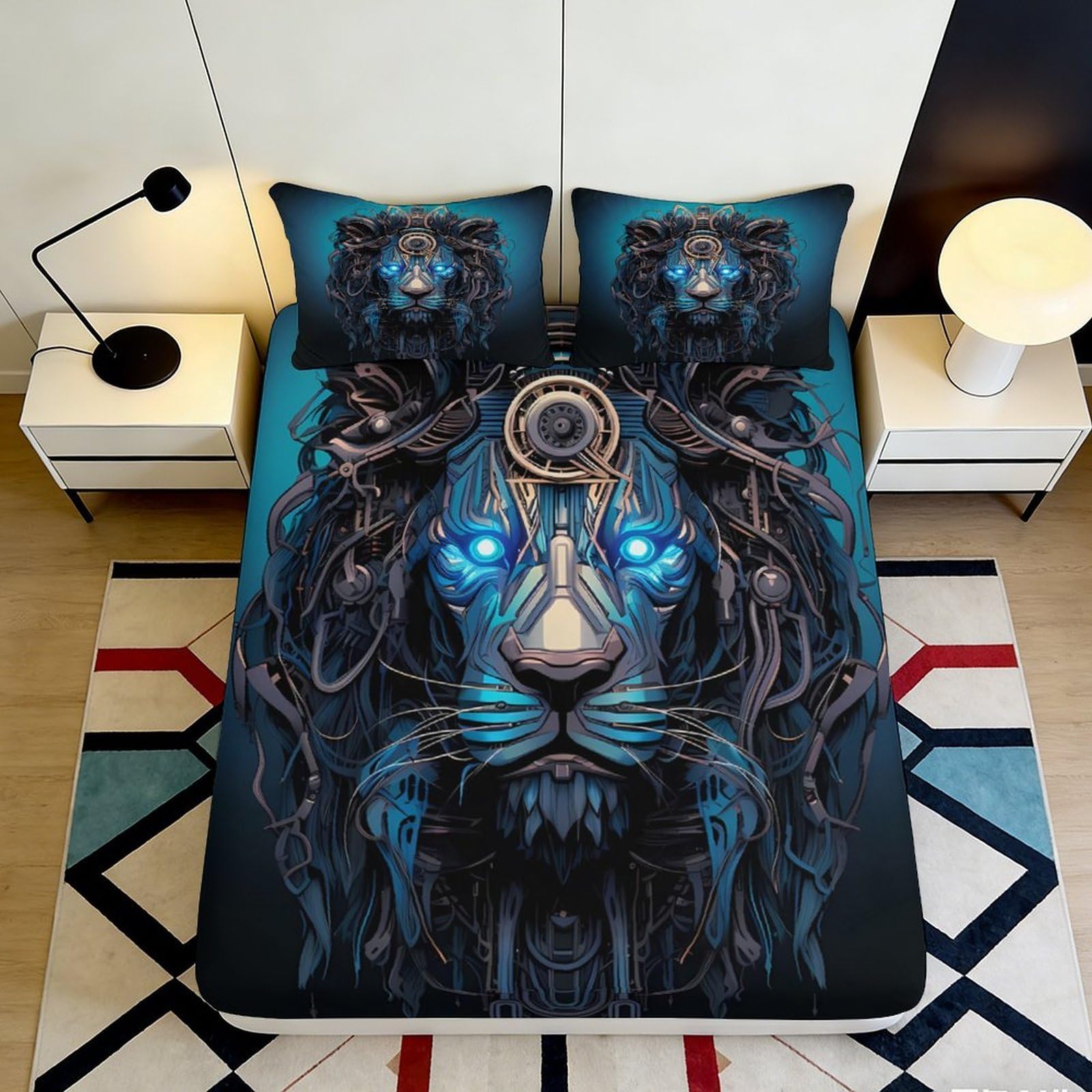 3D Printed Cyber Lion Fitted Sheet Microfiber Durable Soft 3D Printed Mechanical Lion Mattress Cover for Bedroom Dormitory Guest Room 200x200x25cm