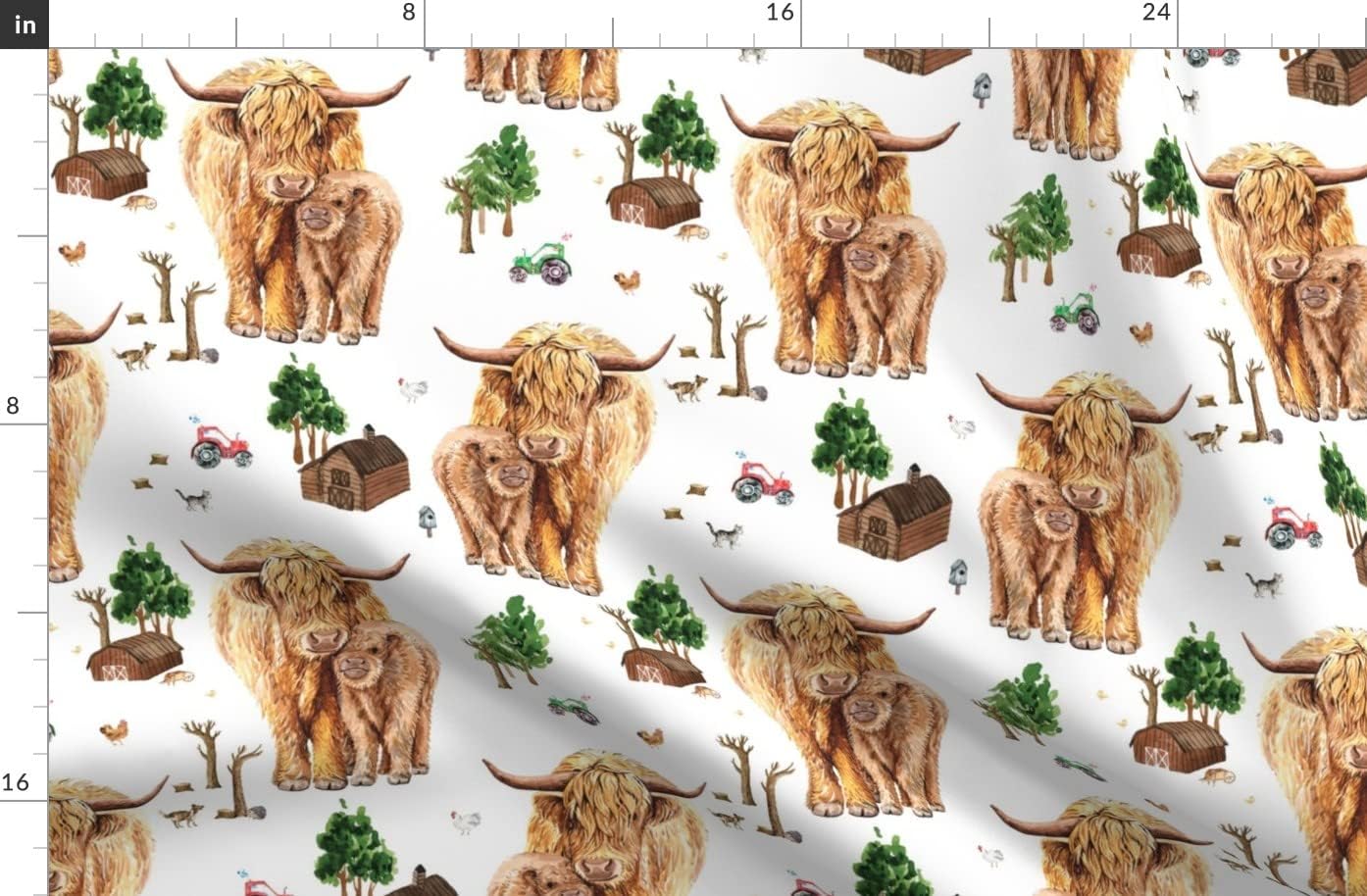 Spoonflower Fabric - Highland Cow Scottish Shaggy Calf Farm Scotland Barnyard Animal Barn Printed on Organic Cotton Sateen Fabric by The Yard - Sewing Quilting Apparel Home Decor