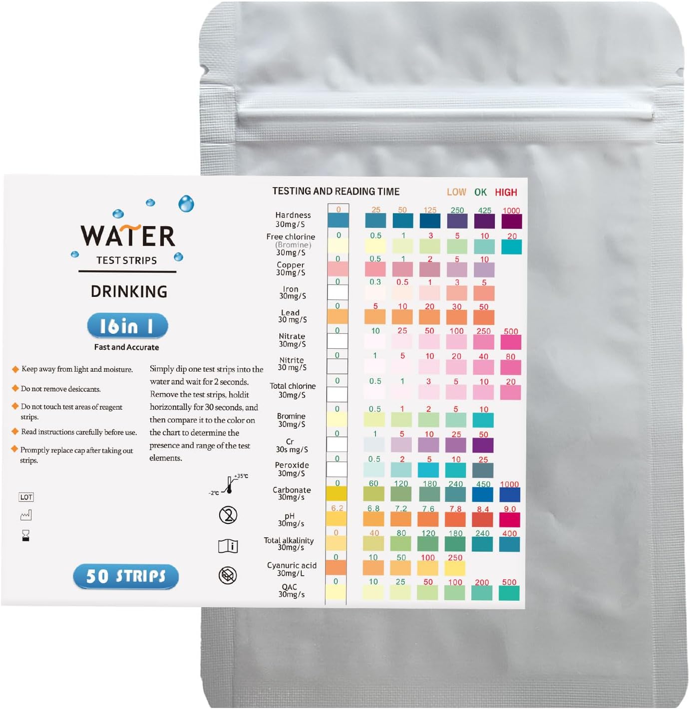 SULIVES 50-Pack Water Test Strips - Water Testing Kits for Drinking Water - pH, Hardness, Chlorine, Lead, Iron, Copper, Nitrate, etc - Home Water Test Kit (50)