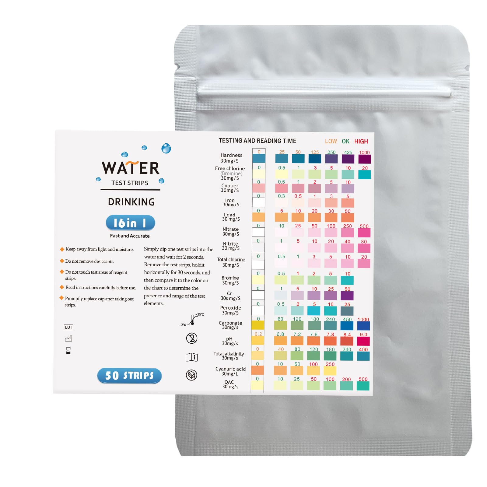 SULIVES 50-Pack Water Test Strips - Water Testing Kits for Drinking Water - pH, Hardness, Chlorine, Lead, Iron, Copper, Nitrate, etc - Home Water Test Kit (50)