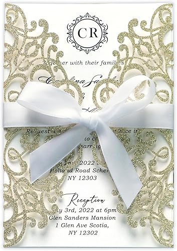 Ponatia - 25 tarjetas de invitación cortadas con láser de 5.12 x 7.1 pulgadas con sobres para bodas, fiestas de compromiso, cumpleaños, Champán