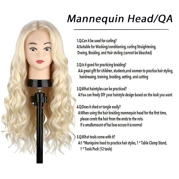 Mannequin Head with 80% Real Hair, TopDirect 24 Blonde Hair Styling Hairdressing Cosmetology Mannequin Manikin Training Practice Head with Clamp and Tools