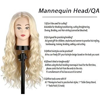 Mannequin Head with 80% Real Hair, TopDirect 24 Blonde Hair Styling Hairdressing Cosmetology Mannequin Manikin Training Practice Head with Clamp and Tools