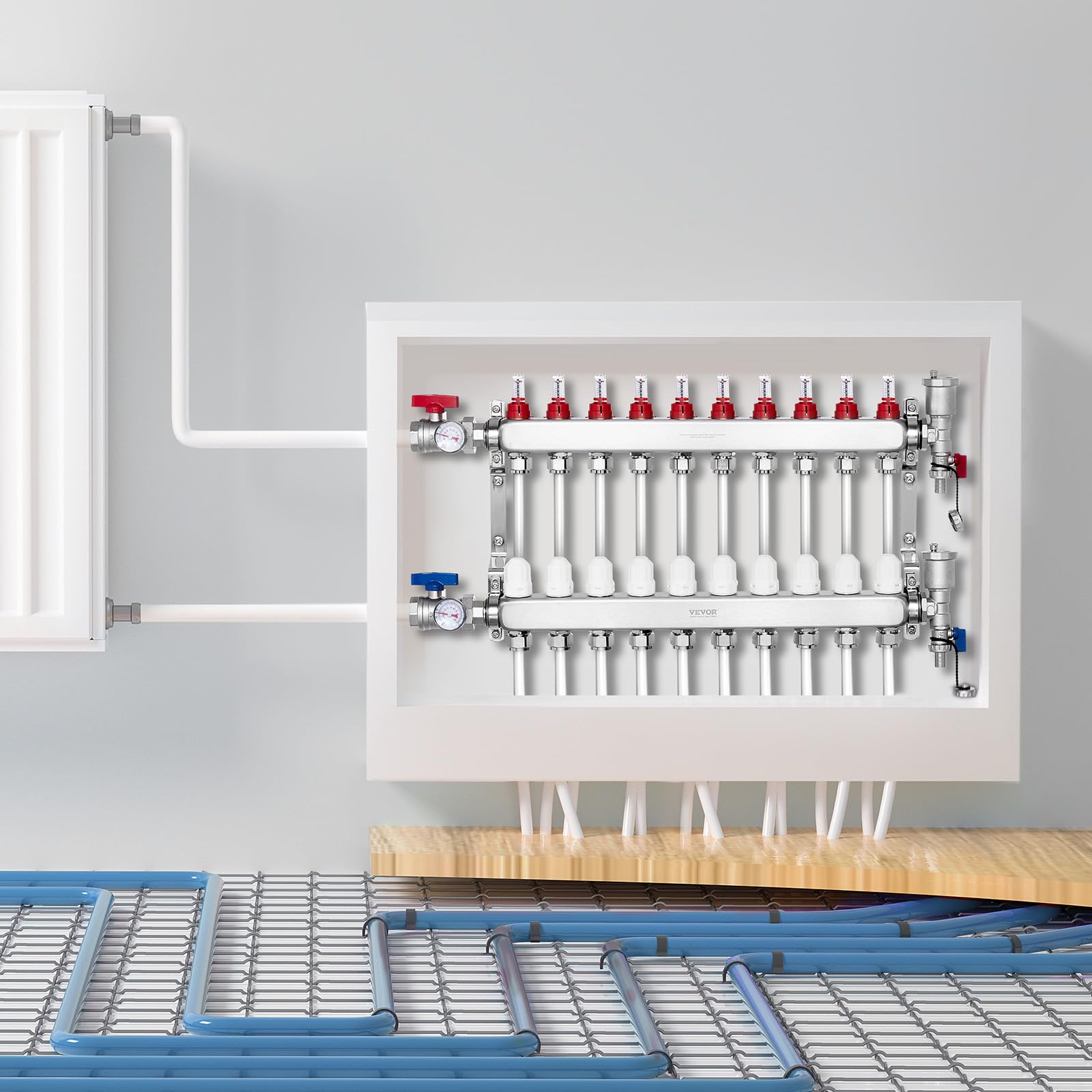VEVOR Colector de Calor Radiante de 10 Derivaciones de Acero Inoxidable SUS304 para Calefacción por Suelo Radiante Hidrónico, Colector de Tubería PEX, con Adaptadores, 680 x 370 x 110 mm, 0-5 L/min