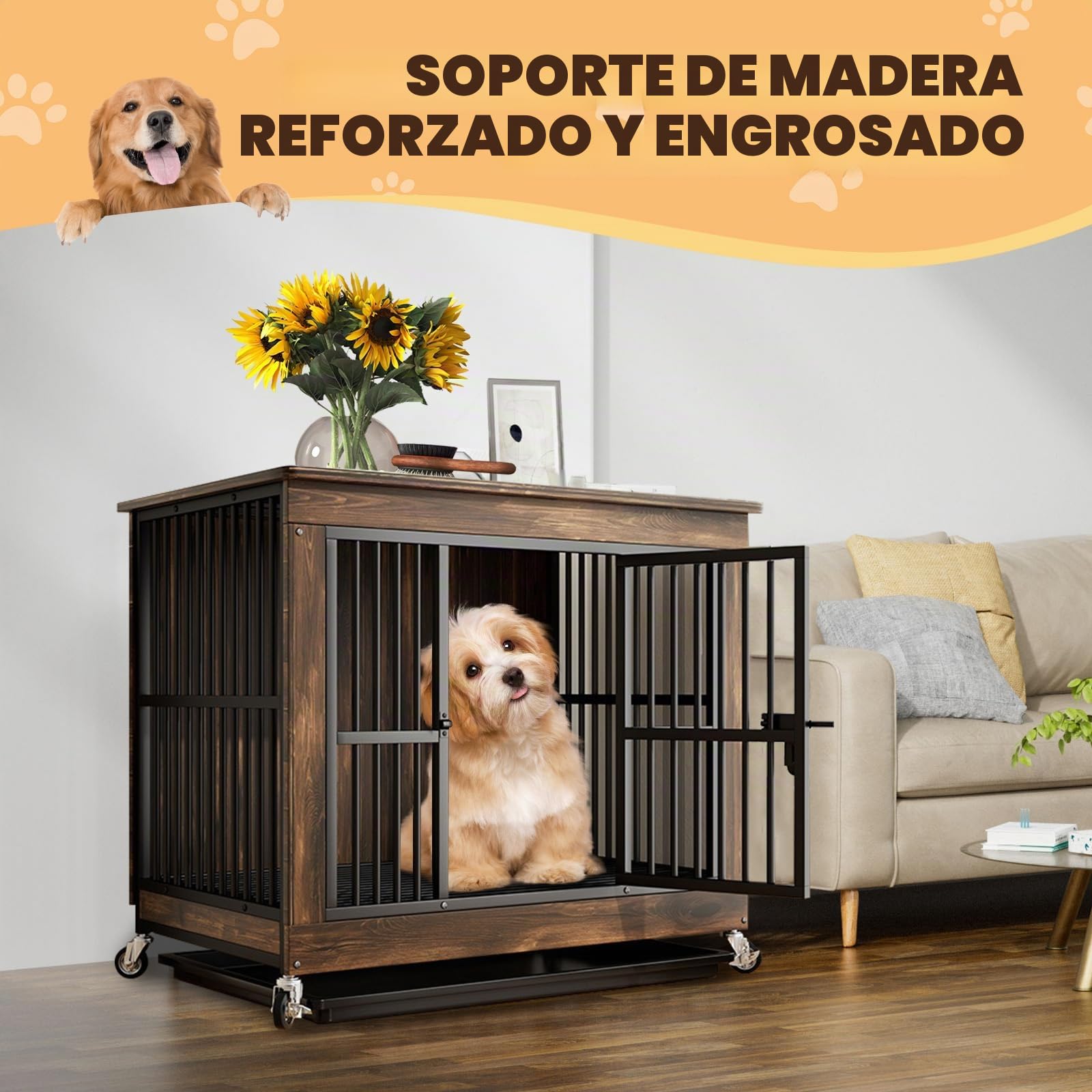 Jaula de Madera para Perros con Bandeja Extraíble y Ruedas | Diseño tipo mueble, Techo resistente, Marrón, 80 × 52 × 77 cm, Tamaño S