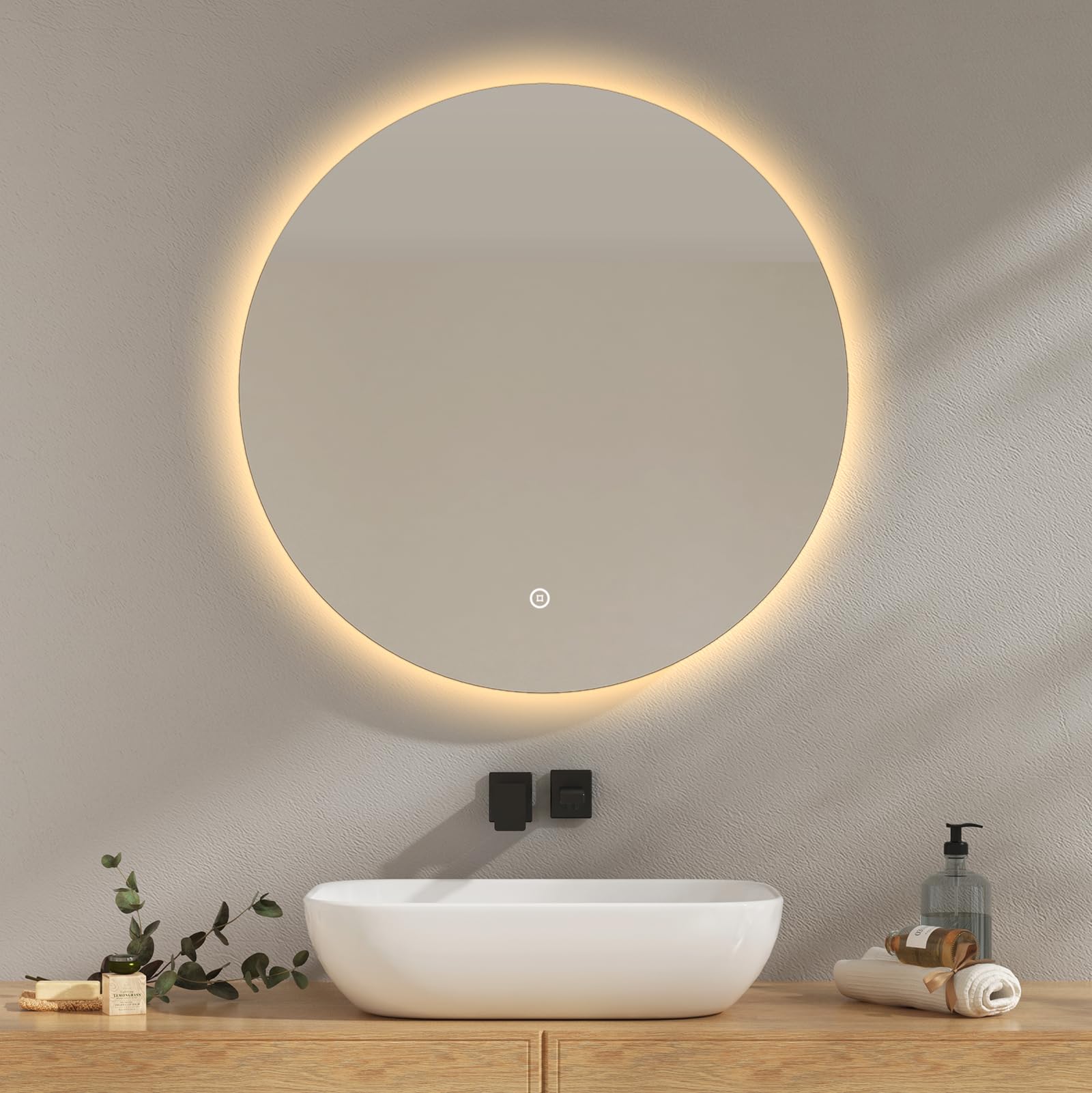 EMKE Espejo Baño con Luz 70 cm Diámetro, Espejo Baño LED Redondo con Interruptor tactil + Regulable + 3 Colores + Función de Memoria, Espejo Pared Modelo B