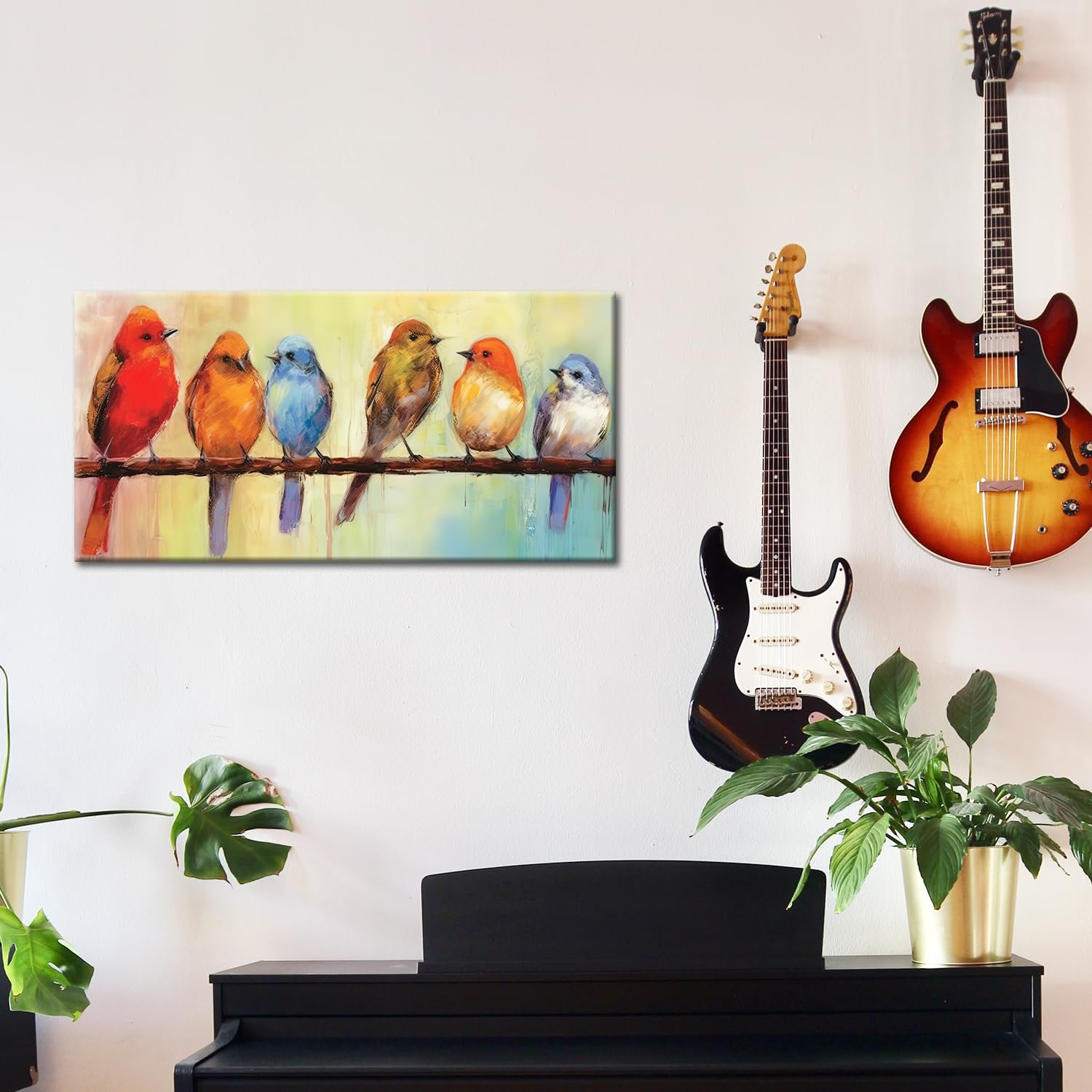 GLOKAKA Abstract Birds Wall Art Singing Bird Oil Painting Canvas Print Artwork Chubby Standing on Wire Picture for Home Living Room Kitchen Bedroom Wall Decor (20"x40"(50x100cm))