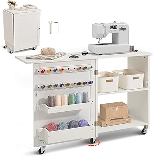 VEVOR Folding Sewing Table, Multipurpose Sewing Machine Table with Compact Design, Wheels, Shelves, Storage Trays, Wooden Pegs, and Magnetic Doors, Sewing Desk Cabinet for Sewing Machine, White