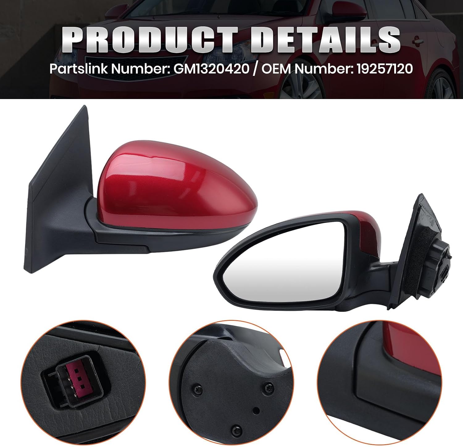 Left Driver Side Mirror Compatible with Chevrolet Chevy Cruze Sedan/Hatchback 2011-2015 Power Glass Manual Folding without Heated without Turn Signal Replace GM1320420 3 Pins (Red)