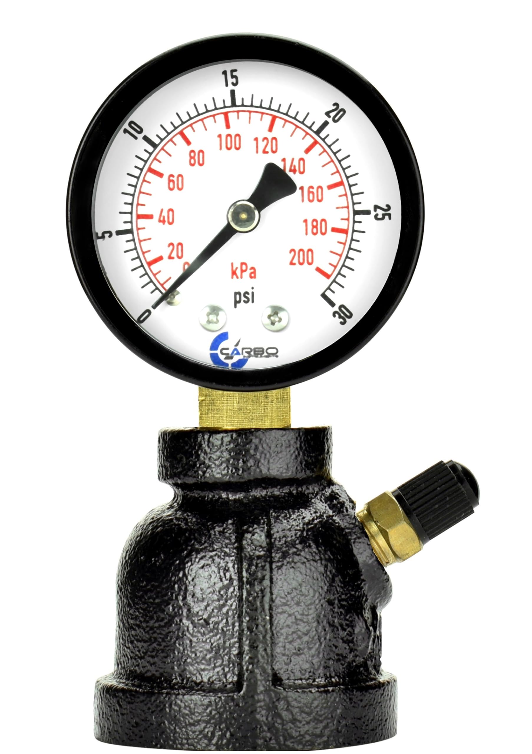 Gas Test Pressure Gauge, 1” FNPT Connection, Brass Valve, Chrome Plated Steel Body Assembly. (Steel Black, 1" FNPT 0-30 psi)