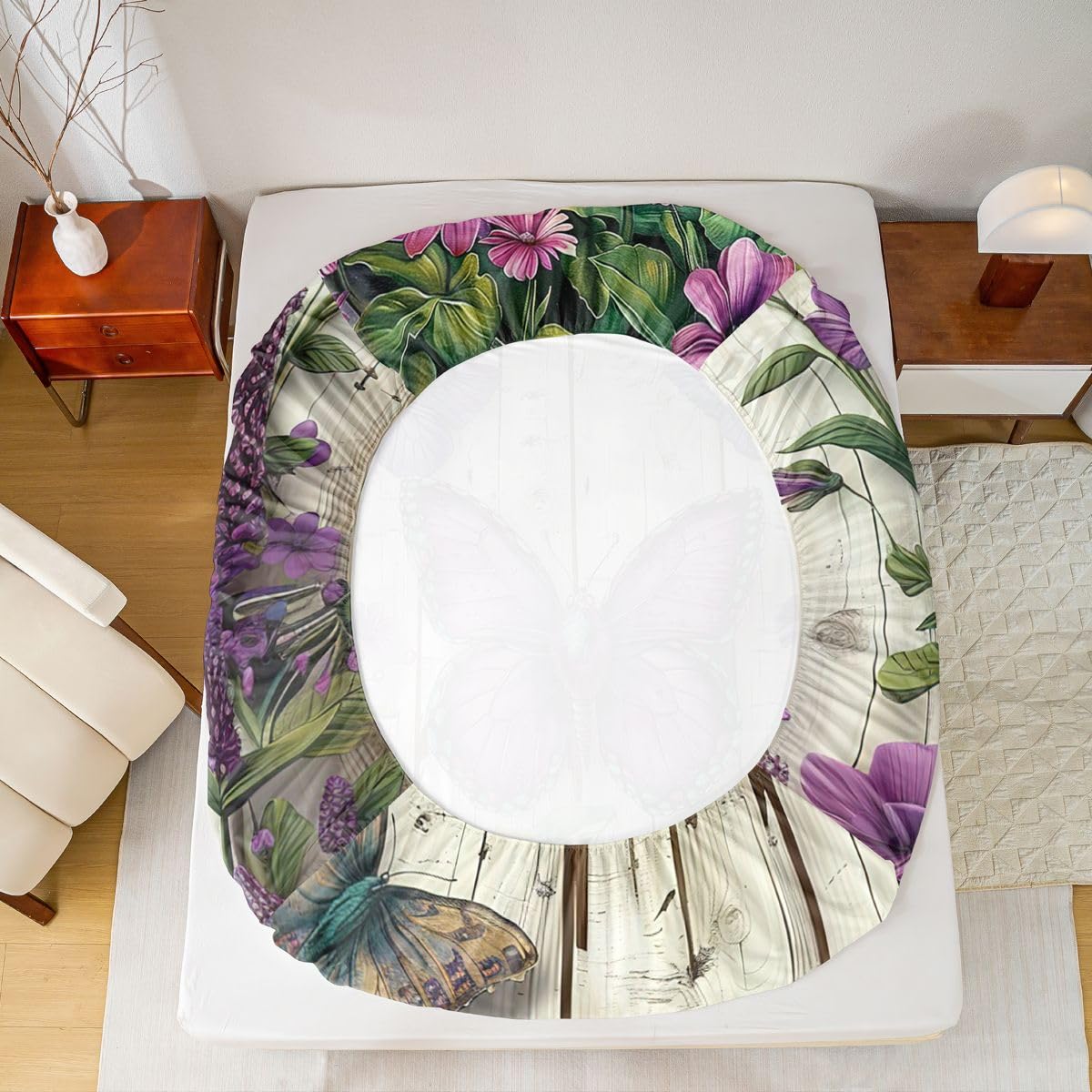 Manfei Sábana bajera ajustable con diseño de mariposas, tamaño King, juego de ropa de cama de flores rústicas, 3 piezas, estilo primaveral, con 2 fundas de almohada, decoración de habitación de niños