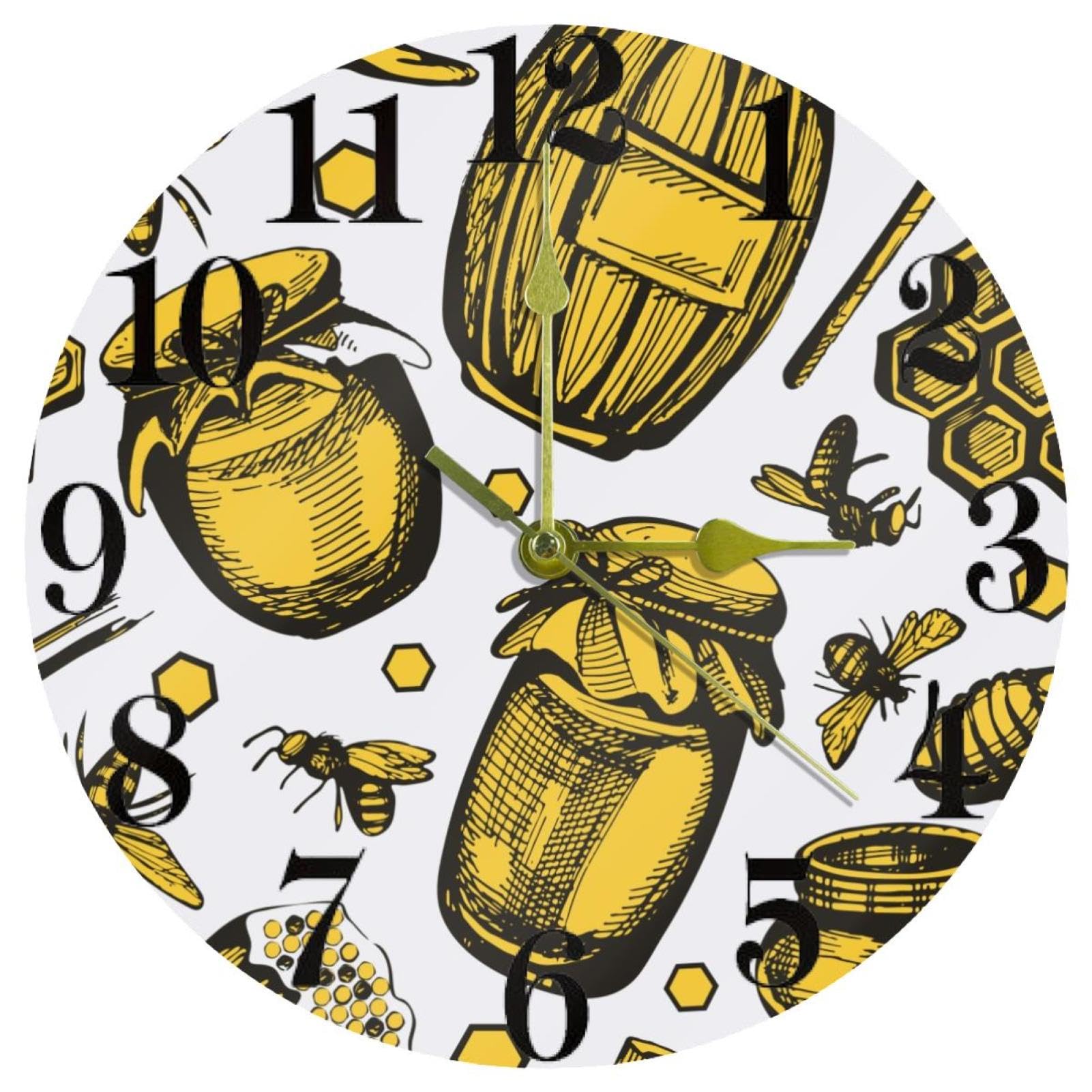Horloge murale ronde Yellow Bee en nid d'abeille et pot de miel silencieuse à quartz pour cuisine