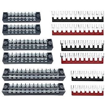 6 Sets 8/10/12 Positions 600V 15A Terminal Blocks Ground Circuit Dual Row Bus Bar Wire Screw Terminal Block Kit with Cover 600V Pre Insulated Terminal Strip WW004-15081012