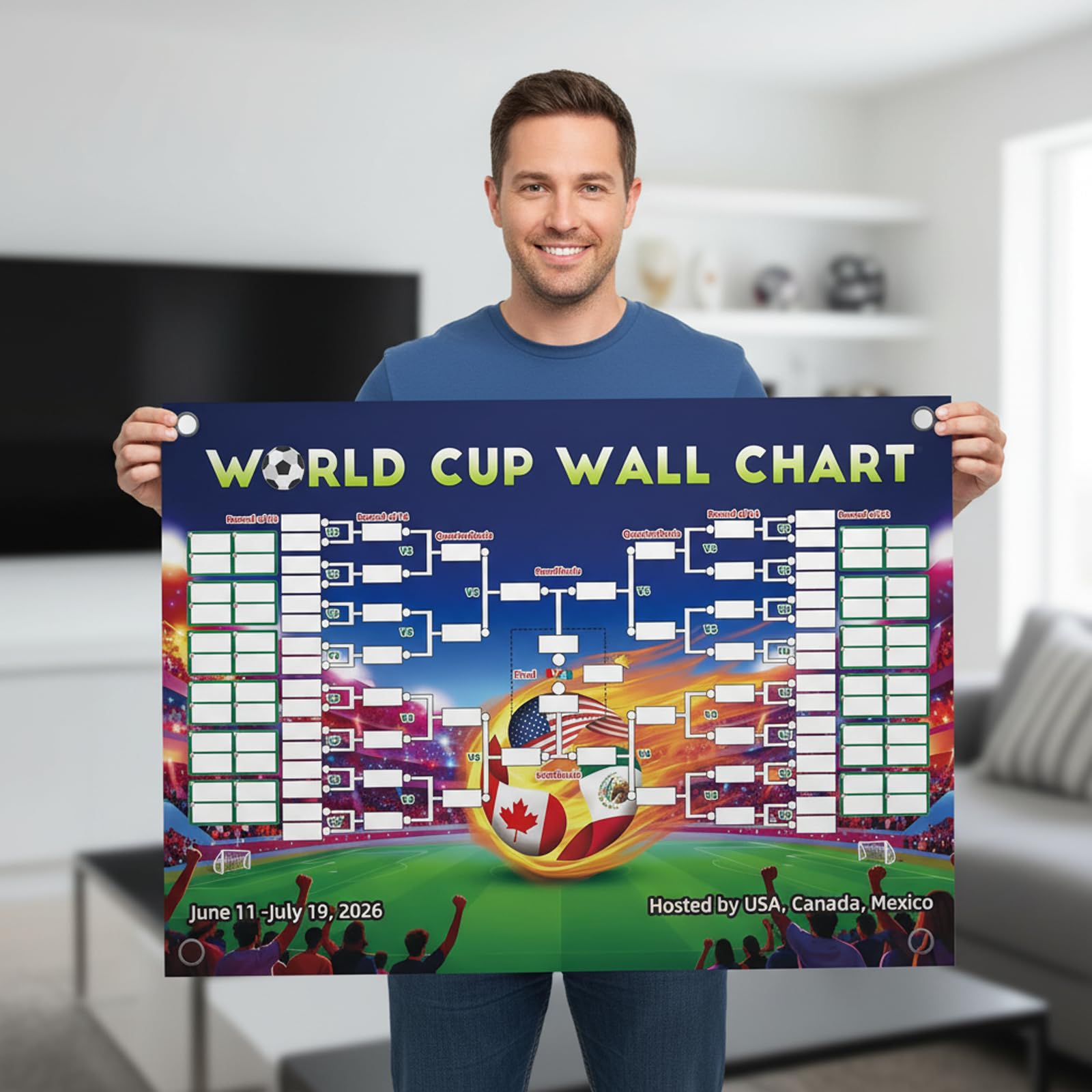 World Cup Wall Chart – 2026 Soccer Cup Schedule Background Banner 60x90cm, Interactive Football Backdrop Poster Flag with 48-Team Tournament Display, Home Office Decor, Soccer Merchandise, A