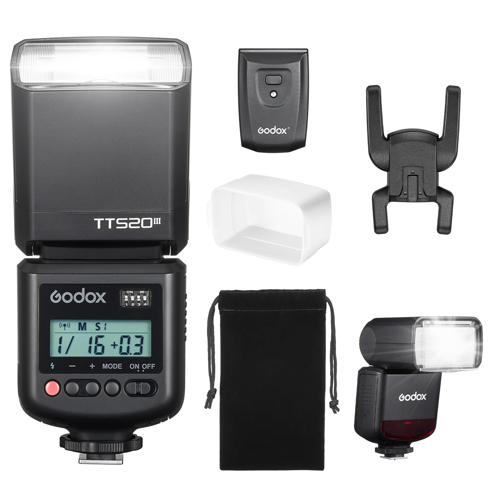 Godox TT520III lampa błyskowa do aparatu z dyfuzorem Speedlite, 8 poziomów mocy, 400 błysków przy pełnej mocy z RT-16 Launcher pojedynczy styk Hot Shoe do Canon, Sony, Nikon, Fuji, Panasonic Olympus