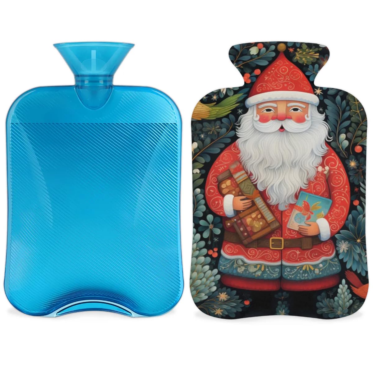 Hot Water Bottle with Soft Cover,2L Xmas Santa Claus Hot Water Bag for Hot and Cold Compress, Hand Feet Warmer, Glitter Santa Claus Rubber Hot or Cold Water Bottle Halloween Christmas Decorations