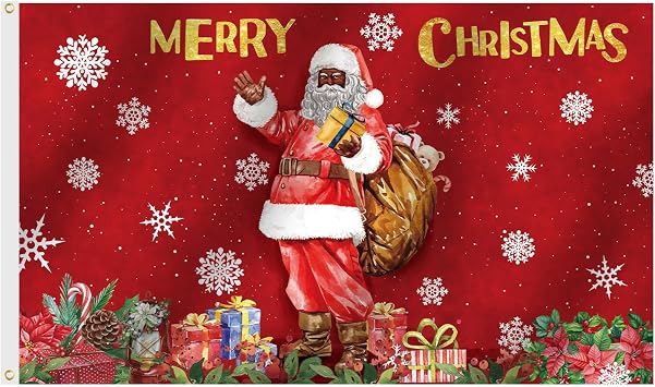 SENSEVEN Black Santa Claus Flags for Outside 3x5 Ft, Winter Merry Christmas Flags, Funny African Santa Holiday Flags Winter Lawn Flags Christmas Outdoor Banner for Farmhouse Decor, Xmas Party Supplies