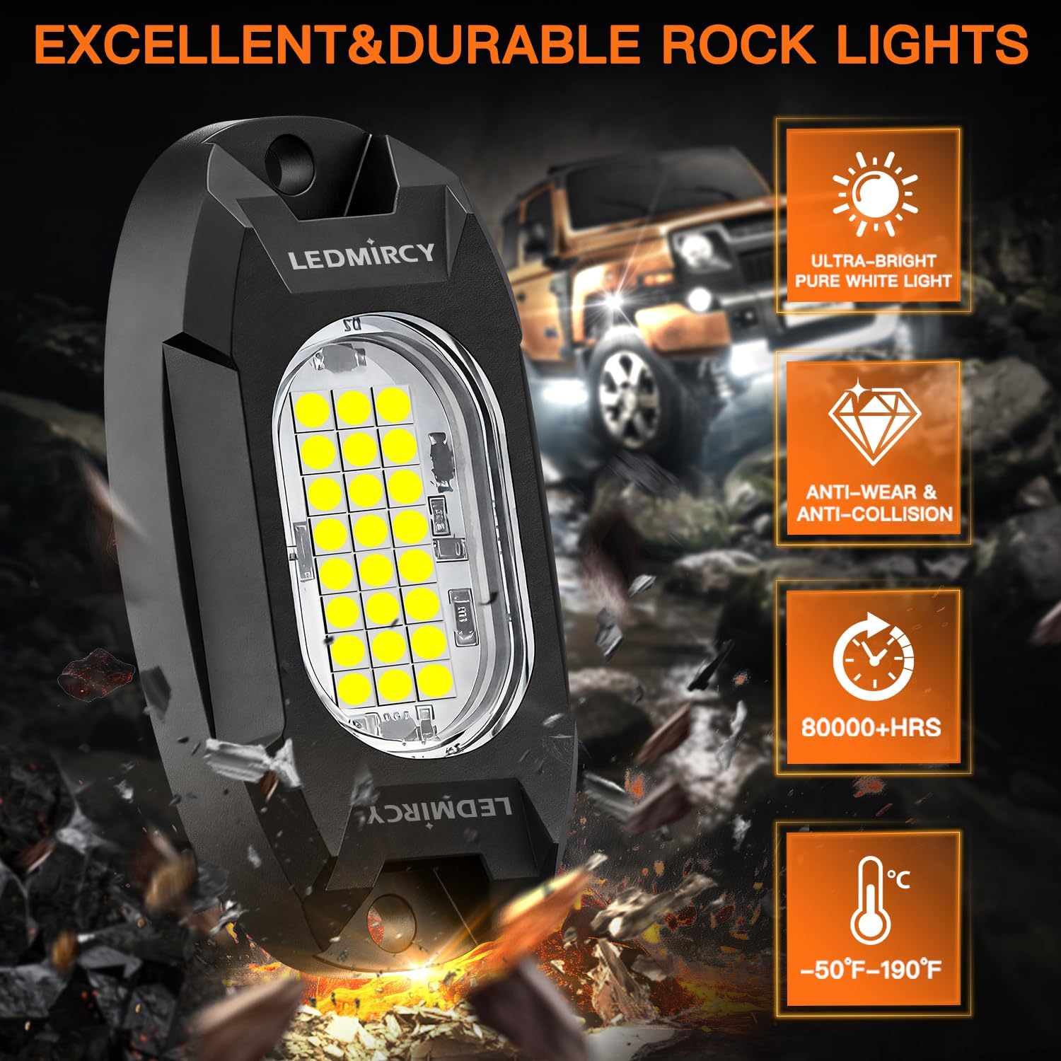 Rock Lights,LEDMIRCY R6 Rocklights for Trucks with 39.37Ft Extension Wire