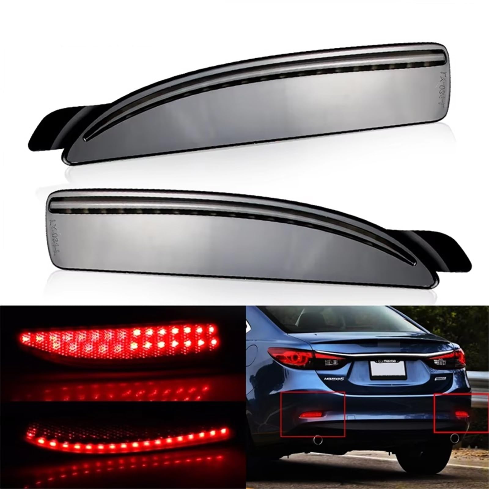 2PCS Led Smoke RED Lens Car Red Rear Bumper Reflector Brake Light Compatible With Mazda 6 Atenza GJ 2013-2016 Tail Brake Stop Driving Lamp(2pcs Smoke LENS)