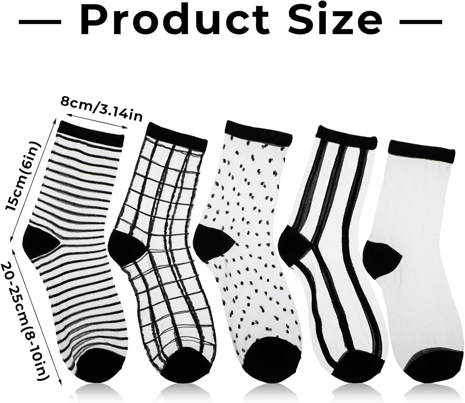 Lusofie 5Pairs Sheer Ankle Socks Black See Through Socks Striped Plaid Dot Cute Transparent Socks for Women Girls image 3