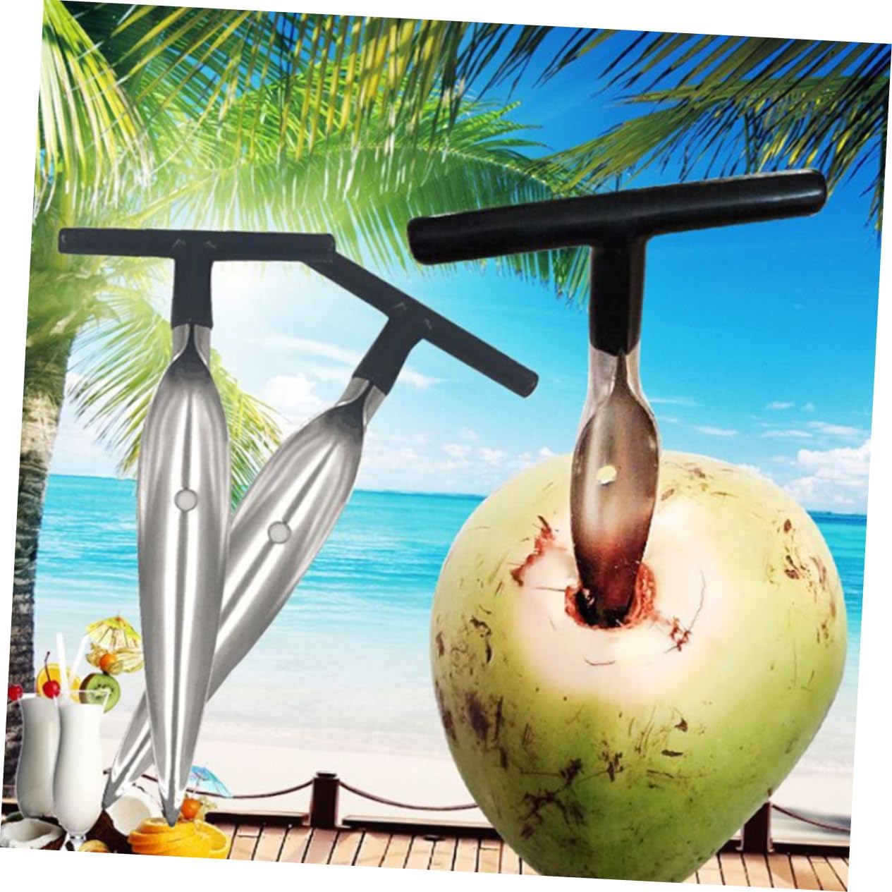 2 Pack Stainless Steel Coconut Opening Tool Set for Home Kitchen | Easy Operation, Safe Use, Ergonomic Handle Design, Black Finish, for Coconut Opening at Home and Kitchen