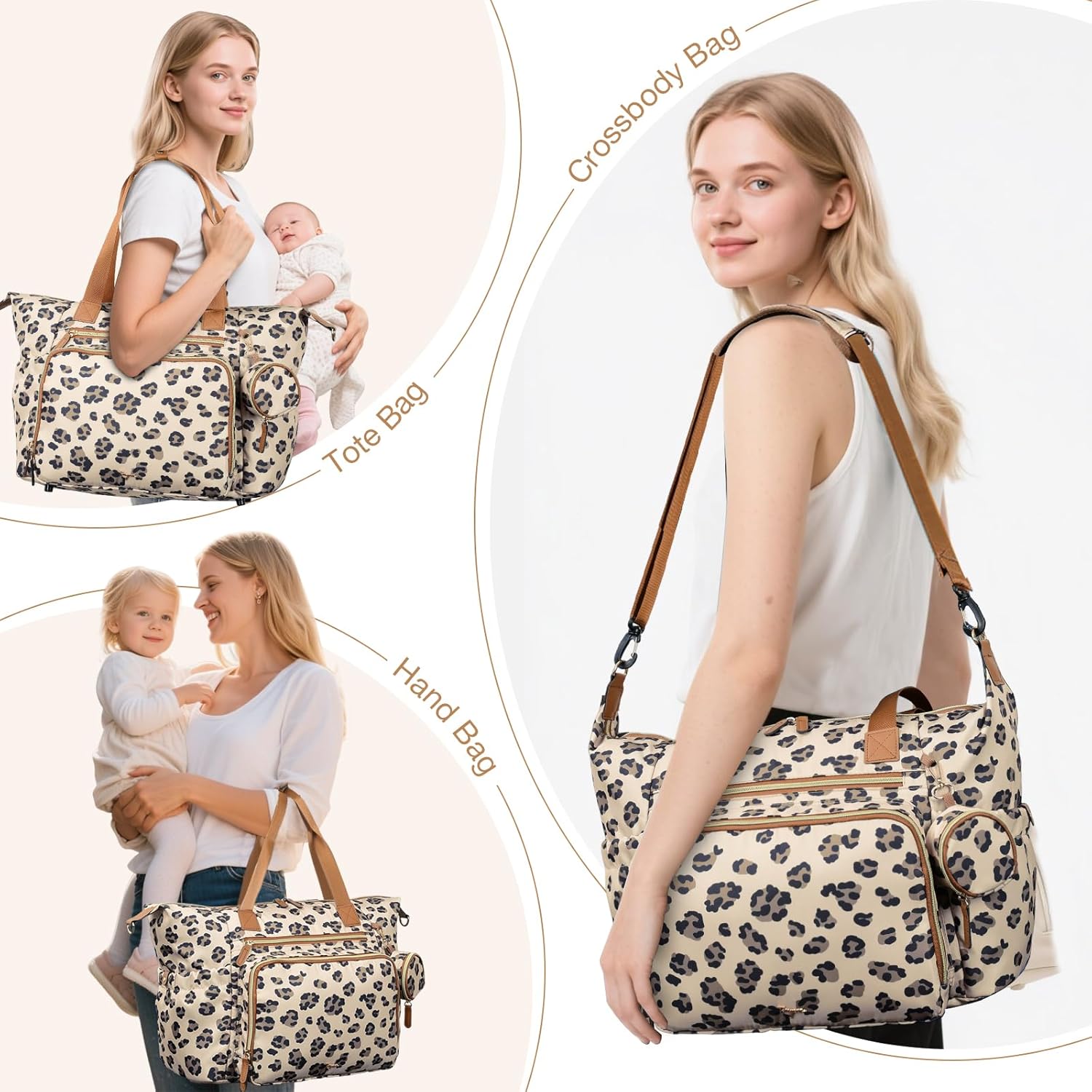 Diaper Bag Tote, Large Baby Diaper Bags for Travel, Hospital Bag for Labor Delivery with Pacifier Case, Changing Pad, Shoulder Strap, Leopard Print - Image 3