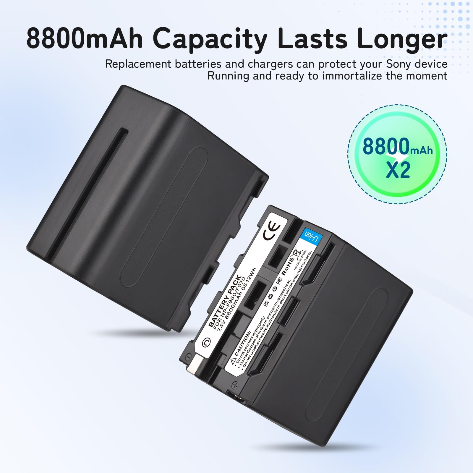 2-Pack 8800mAh Ersatzakku für Sony NP-F970 und USB-Ladegerät für Sony NP-F960 NP-F950 NP-F930 NP-F550 NP-F570 NP-F750 Batterien, für Handycams, Feldmonitor, Videolicht