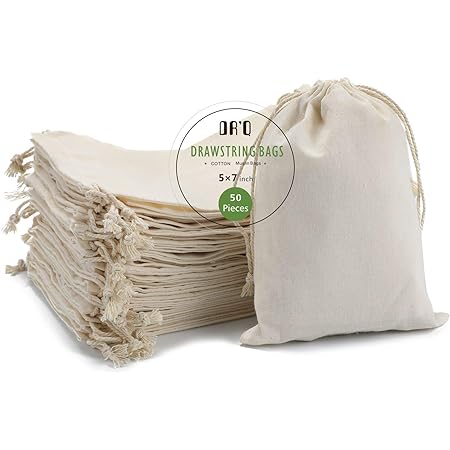 DRQ Cotton Drawstring Bags, EcoFriendly Muslin Bags (5 by 7 inch) Gift Bags, Party Favor Bags, Unbleached Cotton Pouches, Sachet Bag,Fabric Bags,Cloth Bags(50 Pieces)