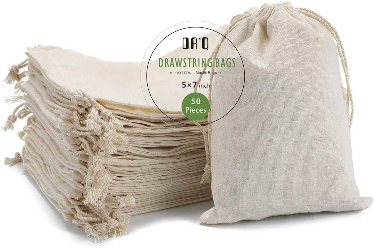 DRQ Cotton Drawstring Bags, EcoFriendly Muslin Bags (5 by 7 inch) Gift Bags, Party Favor Bags, Unbleached Cotton Pouches, Sachet Bag,Fabric Bags,Cloth Bags(50 Pieces)