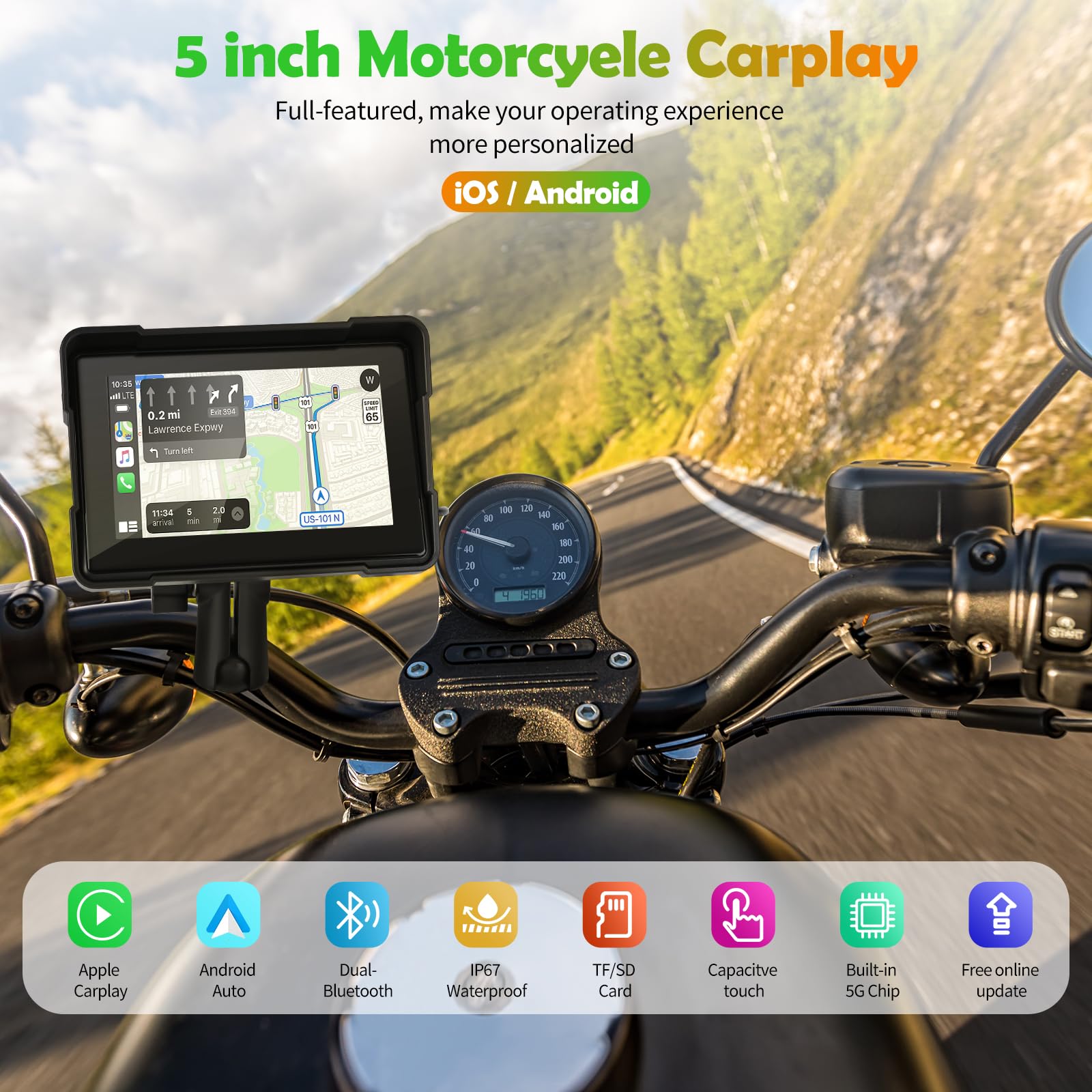 Pantalla Inalámbrica CarPlay y Android Auto de 5 Pulgadas para Motocicleta, Pantalla Táctil IPS Portátil, GPS/Bluetooth/Control por Voz/IPX7 Impermeable, Compatible con Siri/Google Assistant