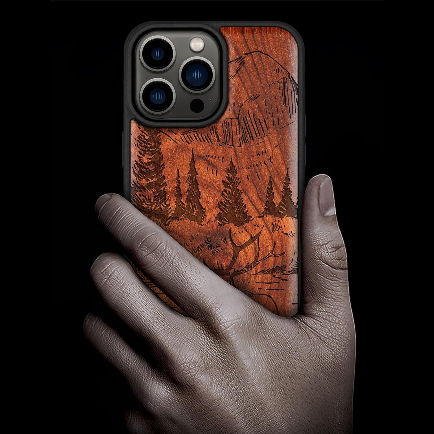 Carveit Magnetic Wooden Case for iPhone 15 Pro Max Case, Compatible with MagSafe Wireless Chargers, Black Soft TPU Shockproof Cover & Wood Artisan Engraved (Mountains and Deer) - Rosy