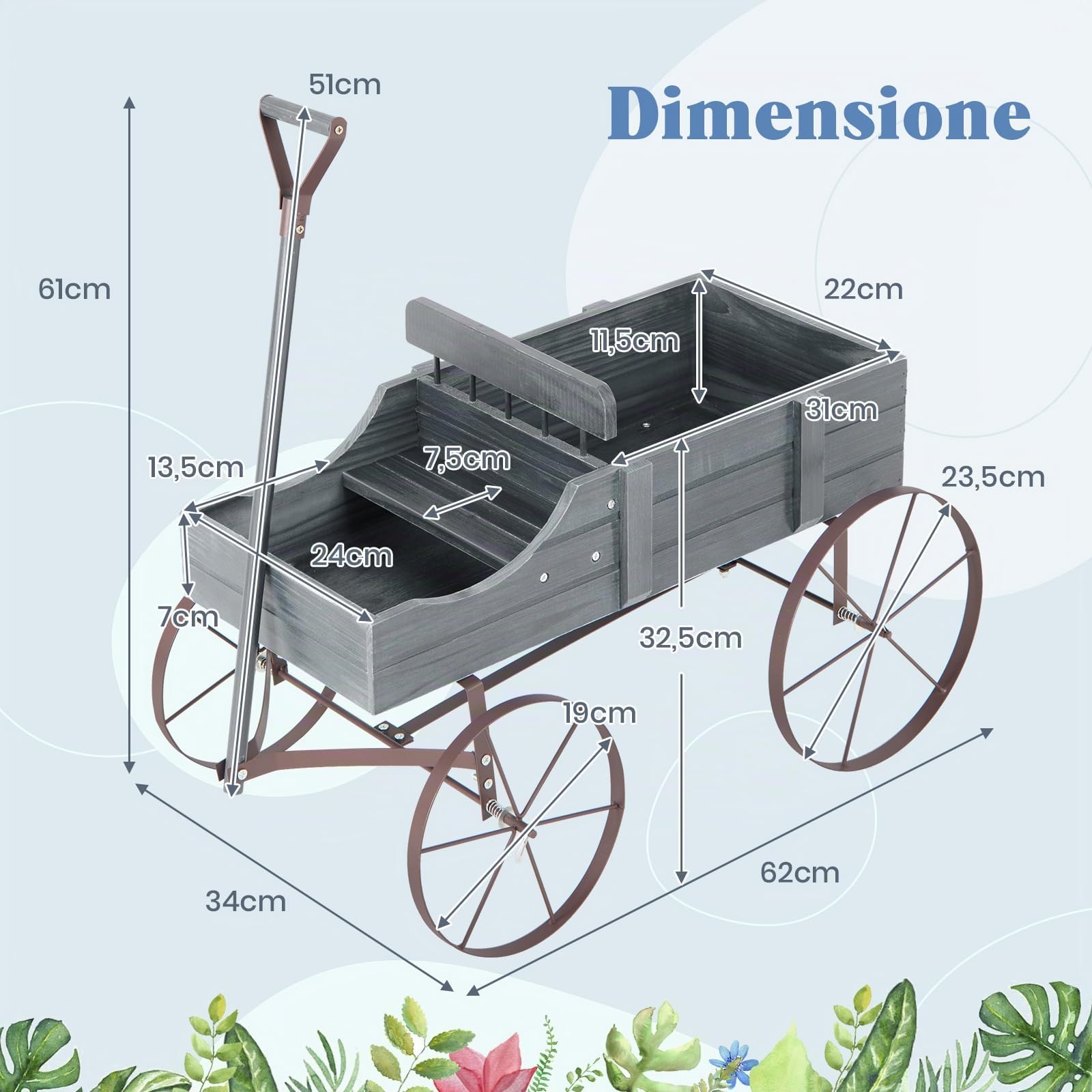 RELAX4LIFE Fioriera da Esterno a Forma di Carriola 62x34x60cm, Fioriera in Legno di Abete con 4 Ruote e Maniglia Regolabile, Carriola Portafiori con Drenaggio per Giardino, Terrazzo, Max 15kg (Grigio)