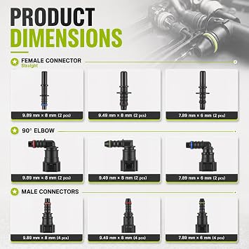 24 PCS Fuel Line Quick Connector Set, 9 Sizes Fuel Hose Fittings Adapters Kit SAE 9.89mm 9.49mm 7.89mm, Assorted Fuel Line Quick Connector Kit for Automotive Motorcycle