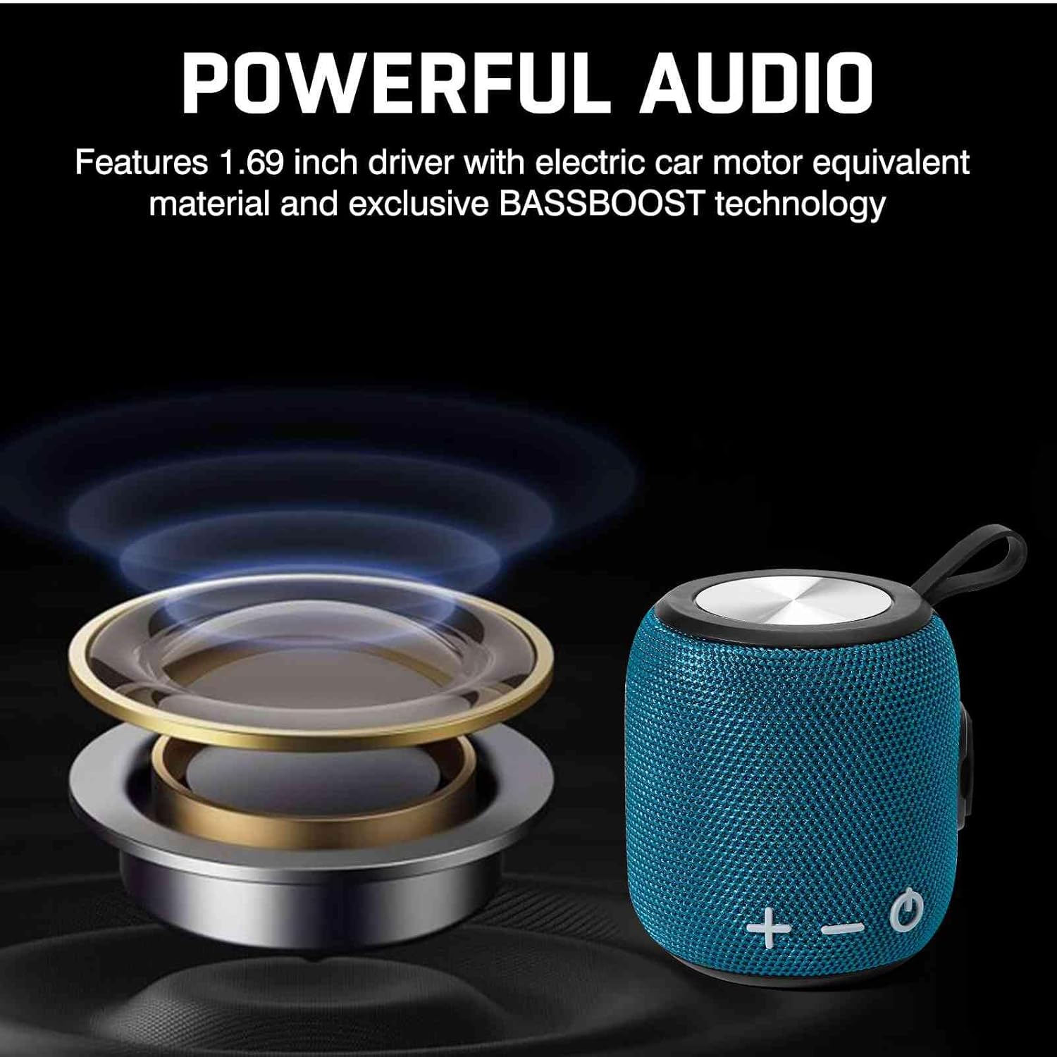 Diagram showing the internal driver of the UrbanX speaker, highlighting its 1.69-inch driver and BASSBOOST technology for powerful audio.