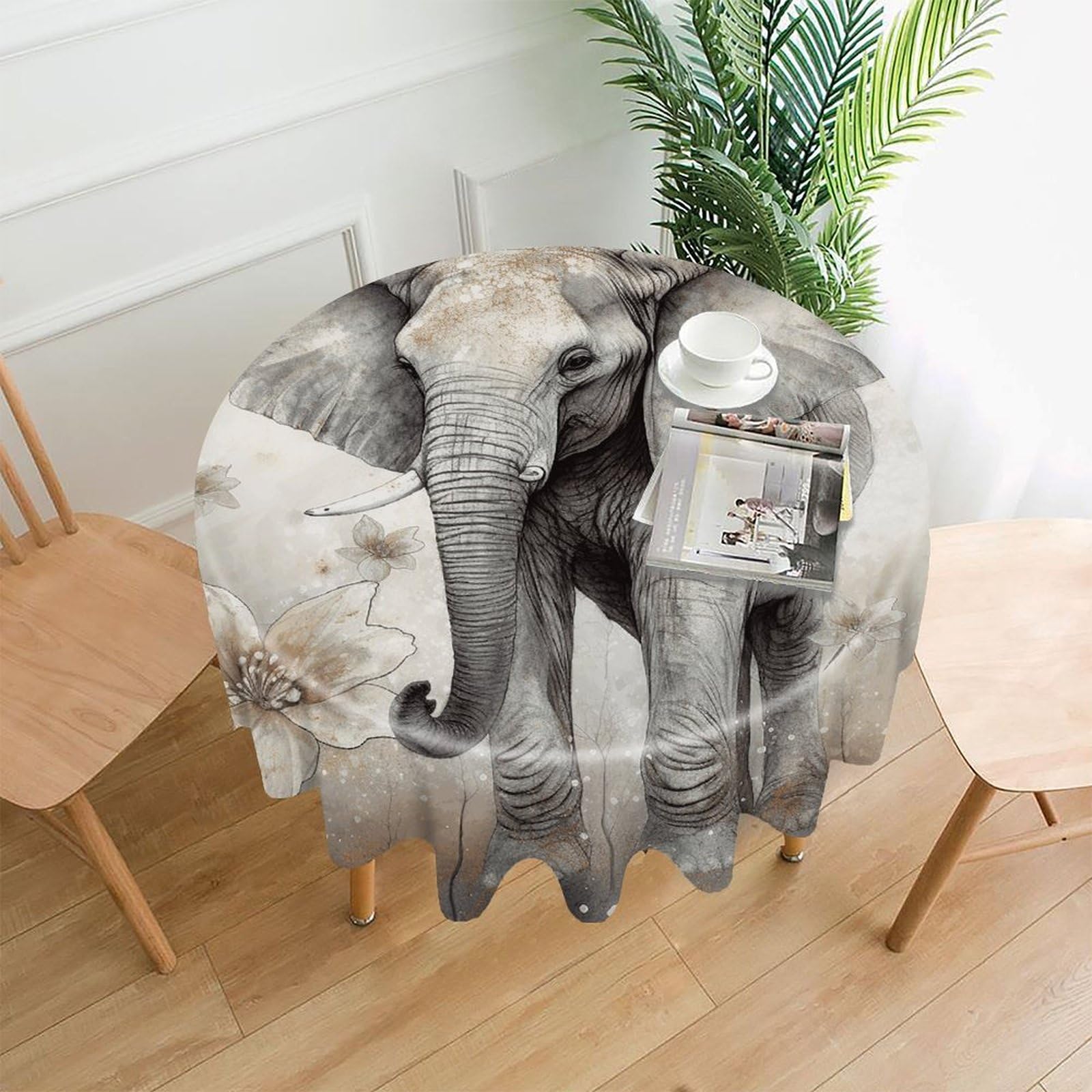 FekiLoot Animals Cute Elephant Round Tablecloth Cover 60 Inch Wrinkle Free Washable Polyester Fabric Table Cover Decorative Round Table Cloth for Home Dining Kitchen Party Farmhouse