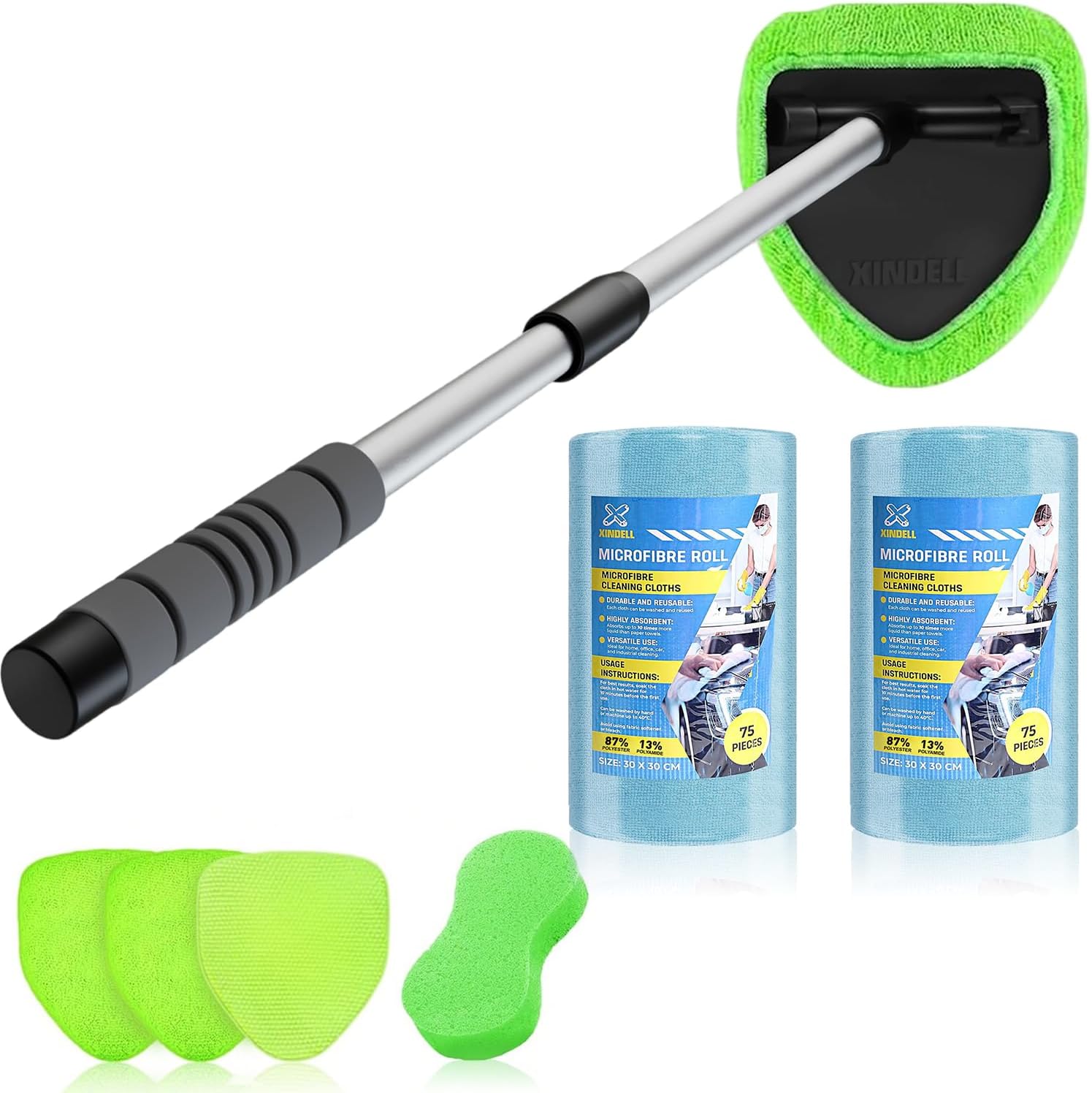 XINDELL Car Window Cleaning Combo – Windshield Cleaner Tool + Microfiber Cloth Roll for Glass & Interior Surfaces, Streak-Free Glass and Interior Detailing for Car Owners