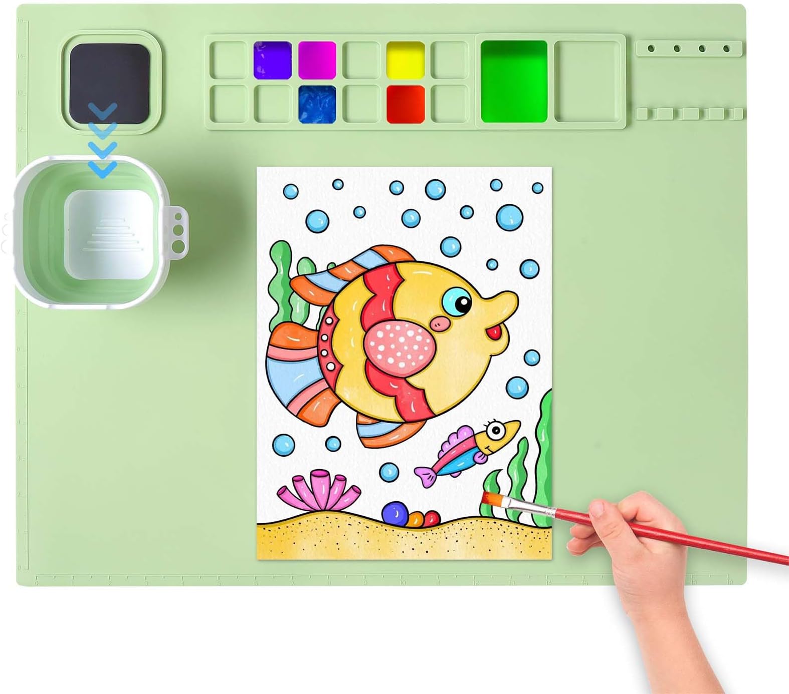 AWOKE Silicone Mats for Crafts, 20"X16" Silicone Artist Mat with Water Cup for Kids, Silicone Painting Mat for Painting, Art, Clay and Play Doh๏ผGreen๏ผ