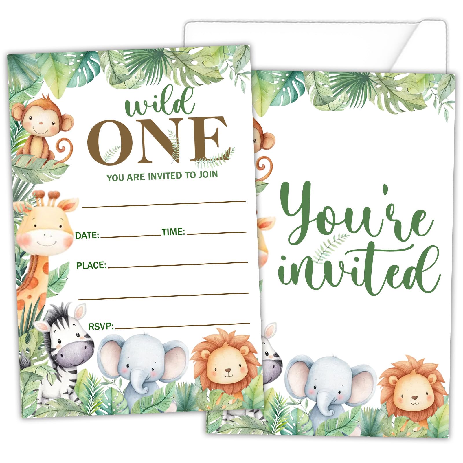 Wild One First Birthday Invitations with Envelopes Set of 20, Jungle Animals Invite Cards, Safari Zoo Fill In Style Invite Cards for Boys Girls, Kids, Birthday Party Supplies